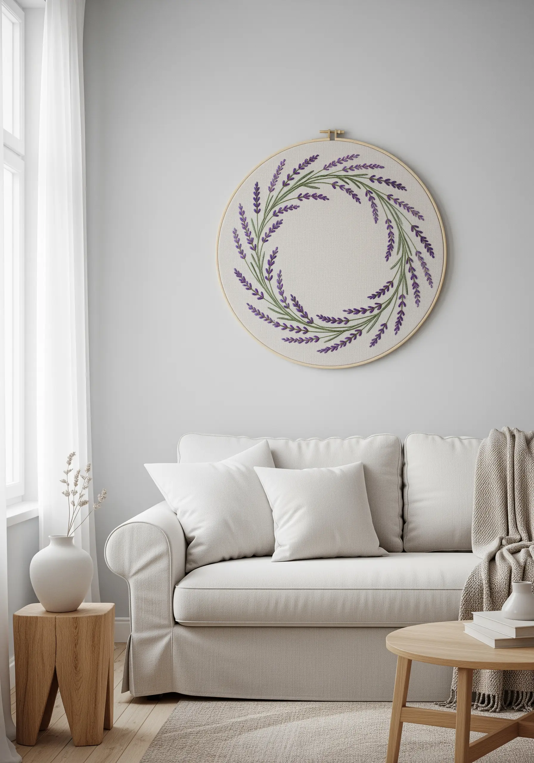 A large embroidery hoop with a lavender wreath stitched on neutral fabric, hanging on a wall.