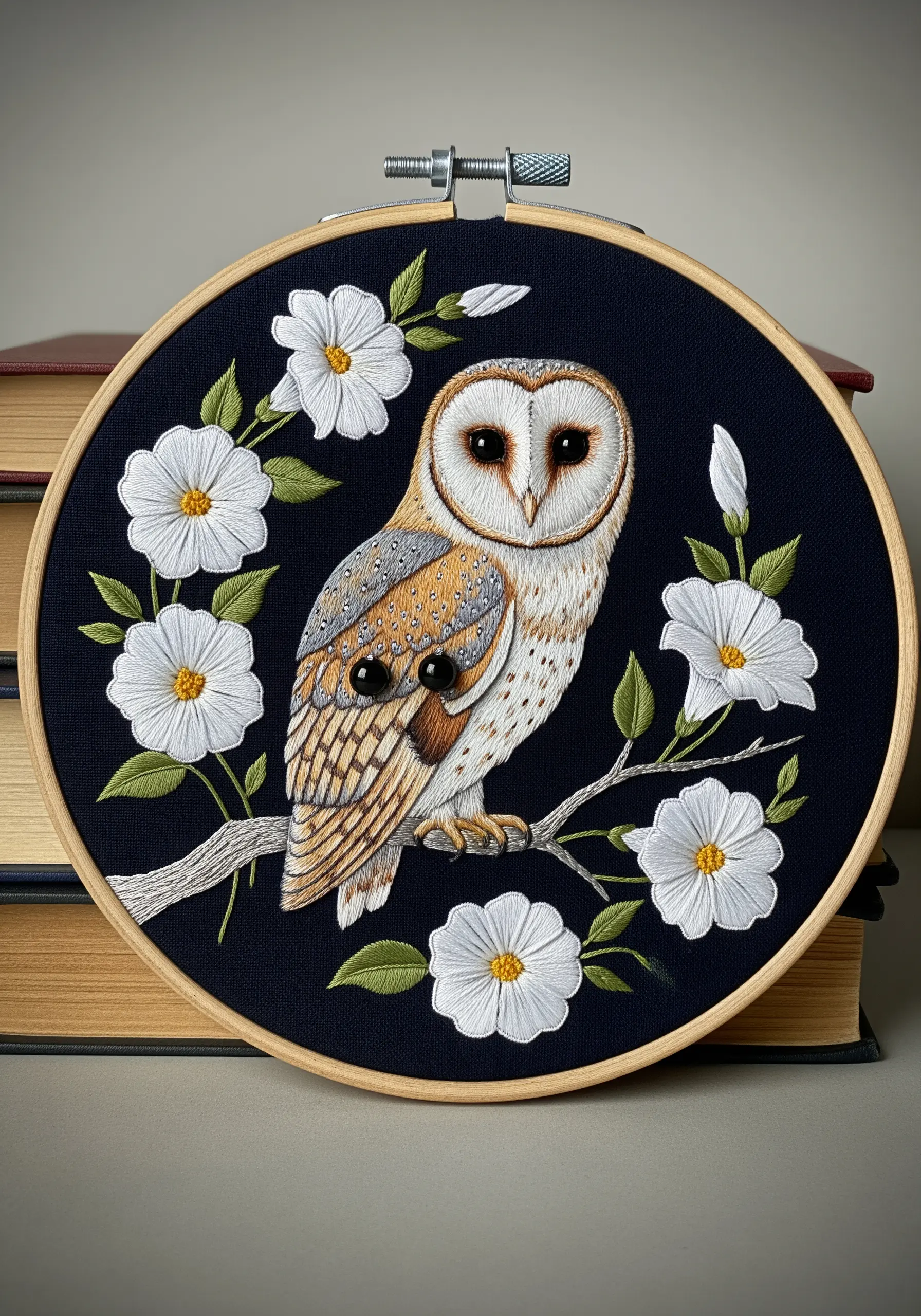 A realistic embroidered barn owl perched on a branch surrounded by white flowers.