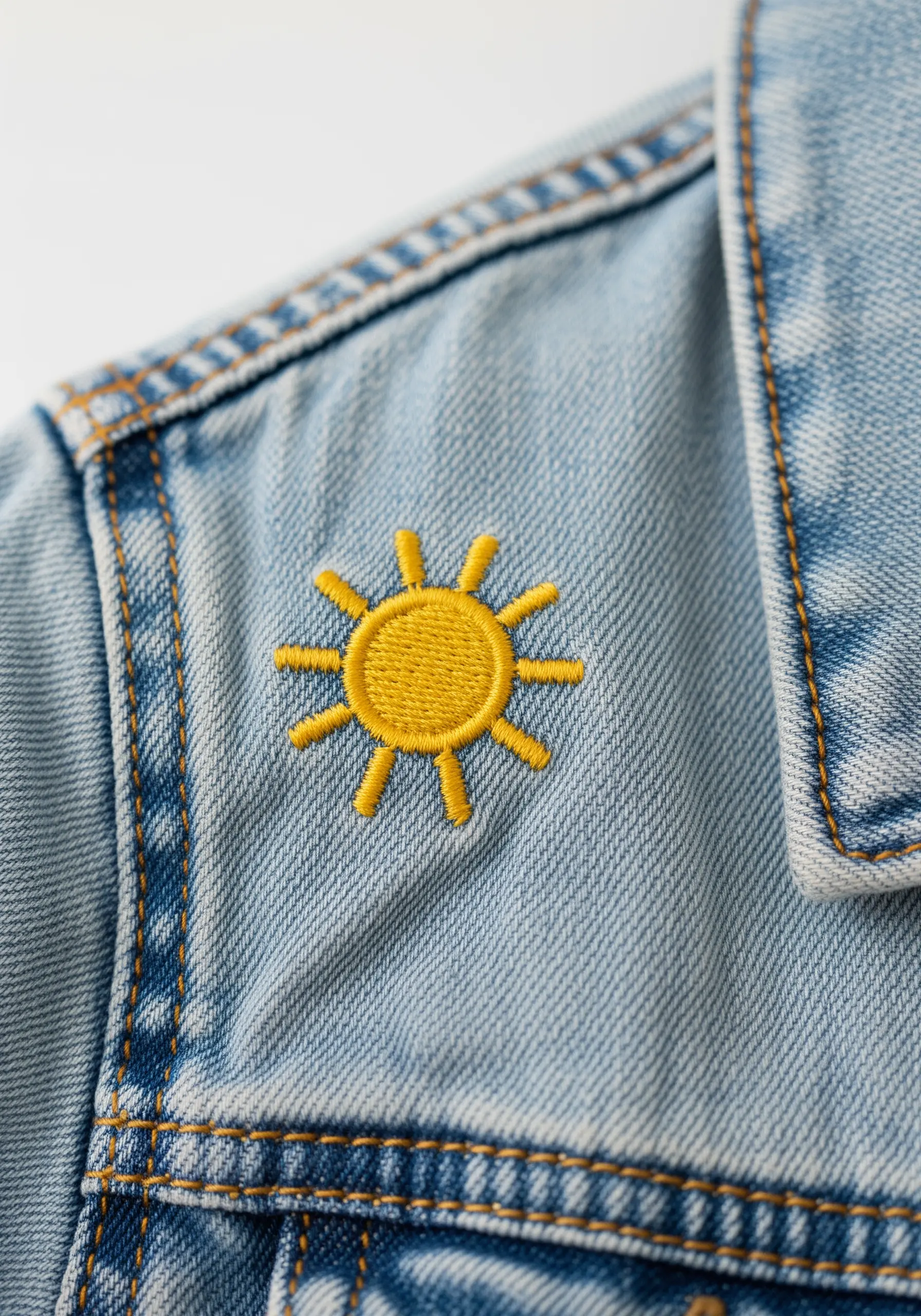 A simple, bright yellow embroidered sun on the front of a light blue denim jacket