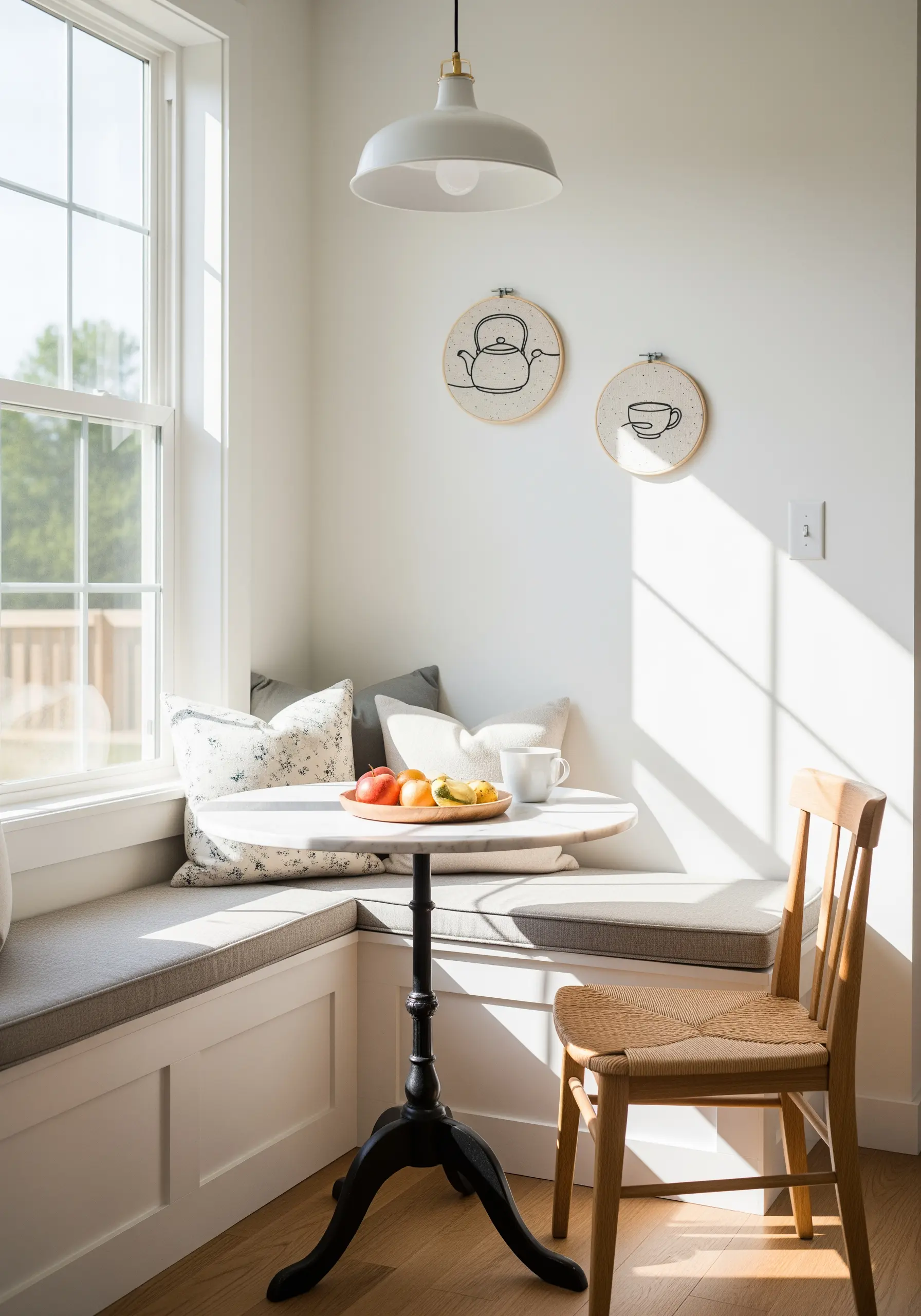 Two small embroidery hoops with single-line contour drawings of a teapot and a teacup.