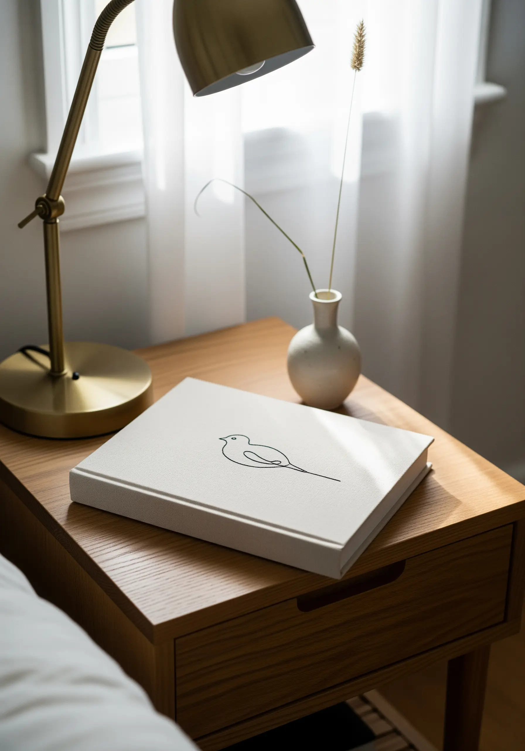 Minimalist single-line bird motif embroidered on a light-colored book cover.