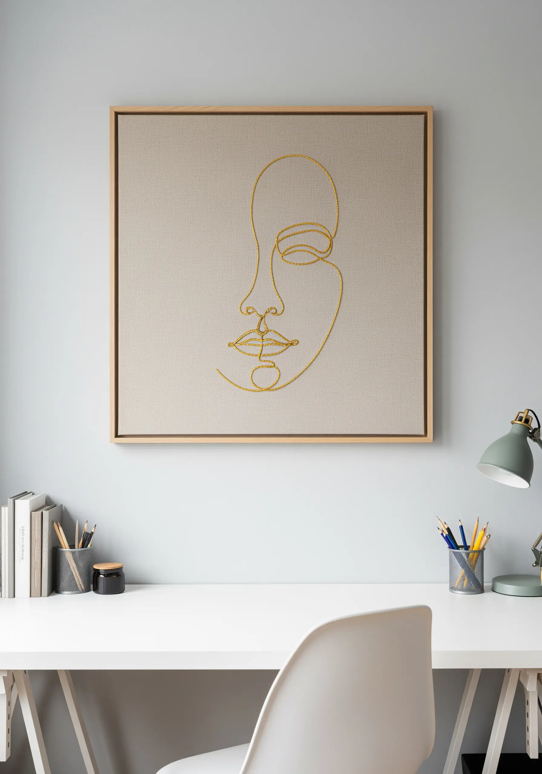 Minimalist single-line face portrait in gold thread on a linen canvas.