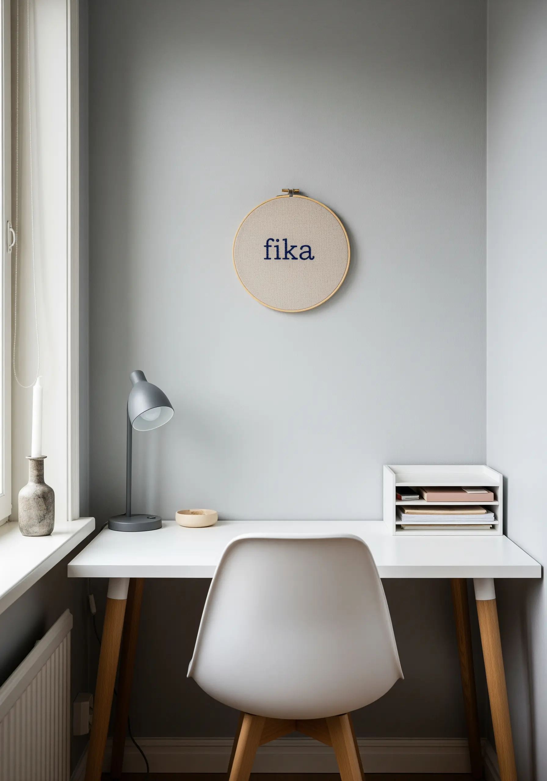 The word 'fika' embroidered in dark blue thread on beige linen fabric in a simple wooden hoop.