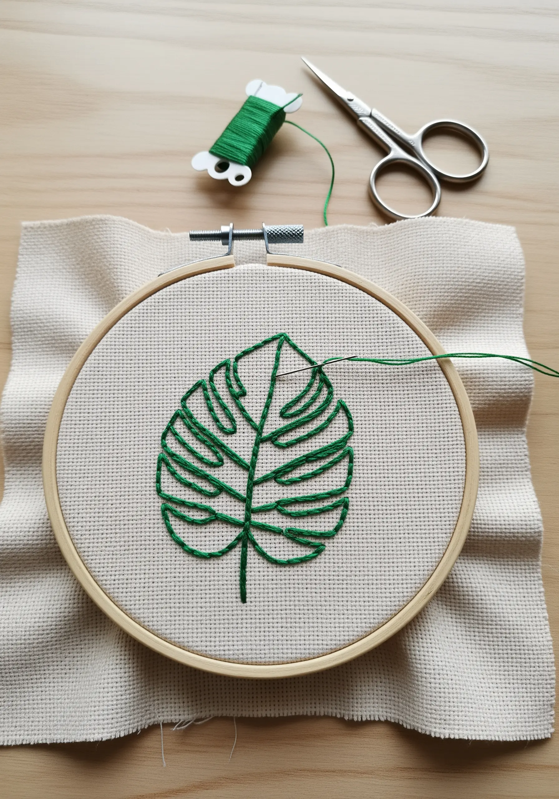 An outline embroidery of a monstera leaf, leaving negative space for the splits.
