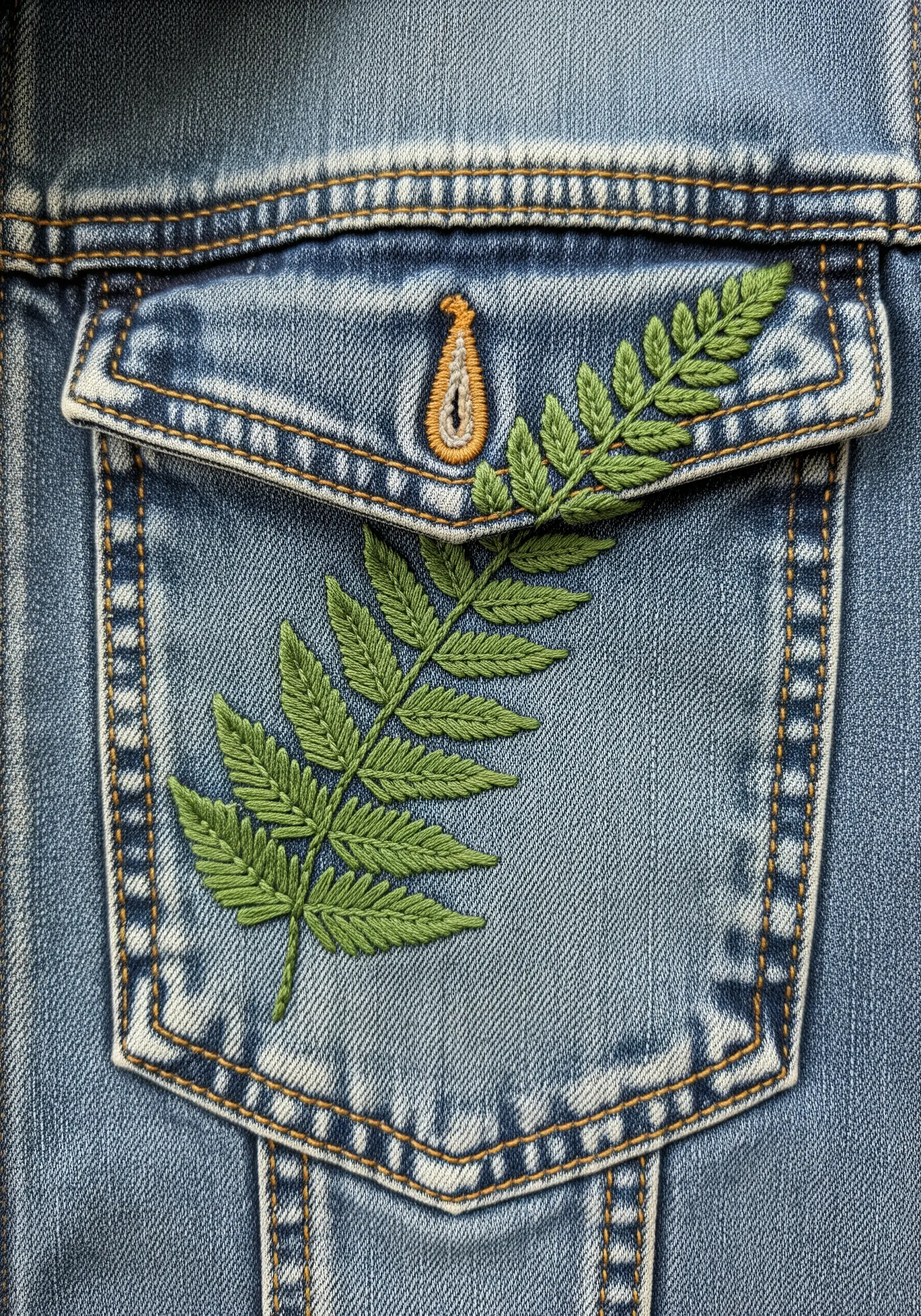 A large, detailed green fern leaf embroidered as if growing out of a denim jacket pocket