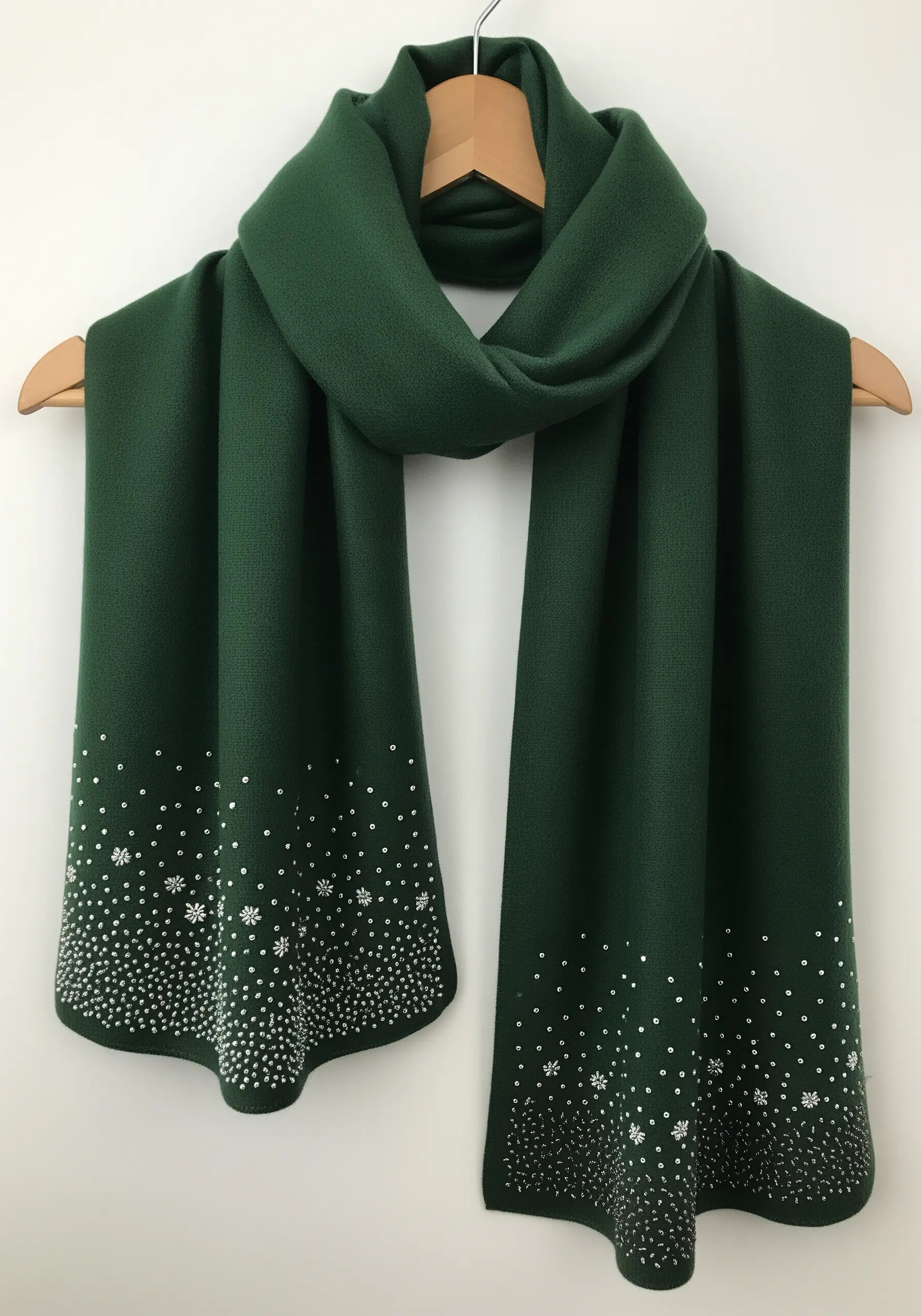 A gradient of silver sequins and beads scattered on the edge of a dark green scarf.