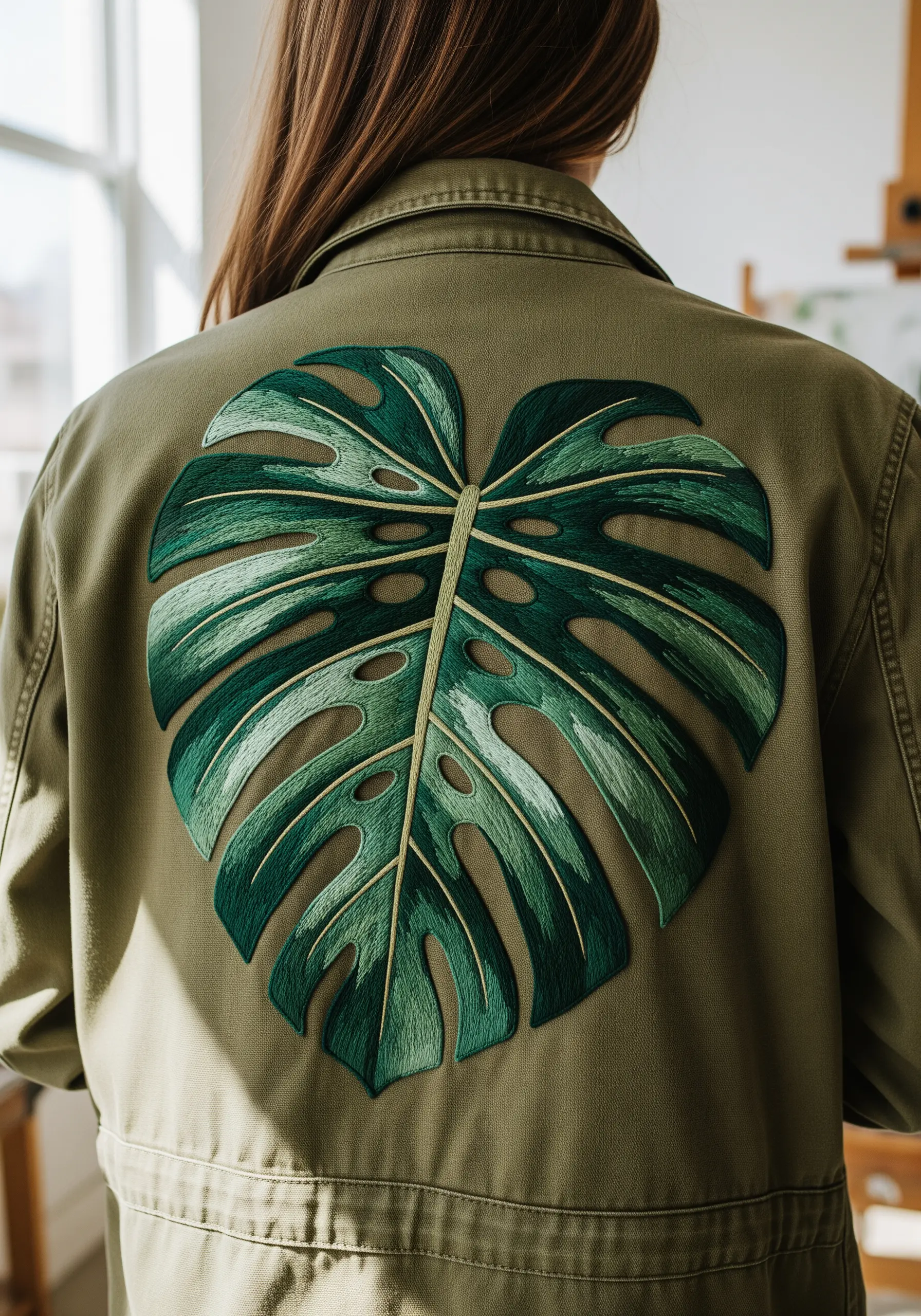Large-scale monstera leaf with green thread gradients on an olive jacket.