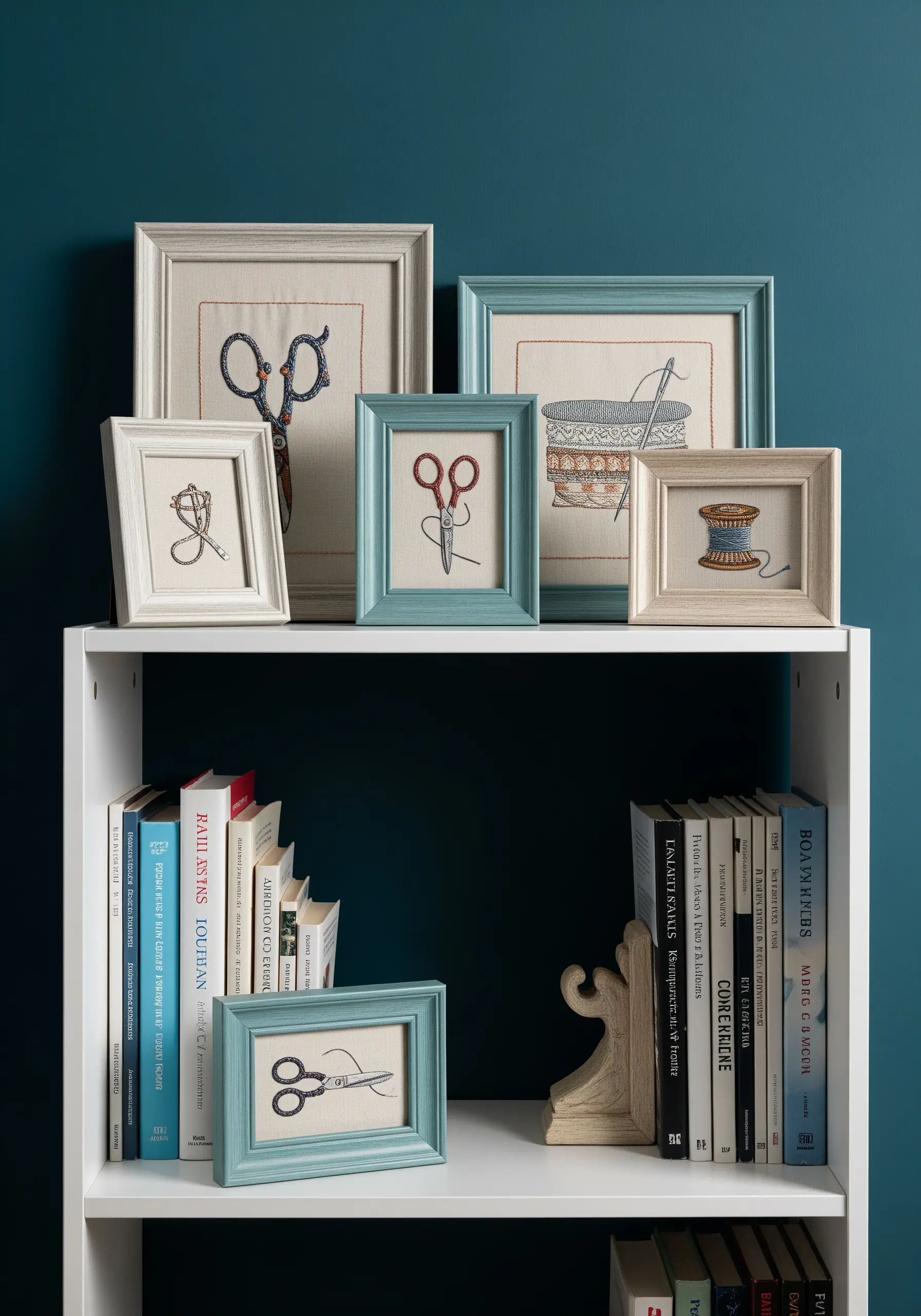 A collection of small framed embroideries depicting vintage sewing tools on a bookshelf.