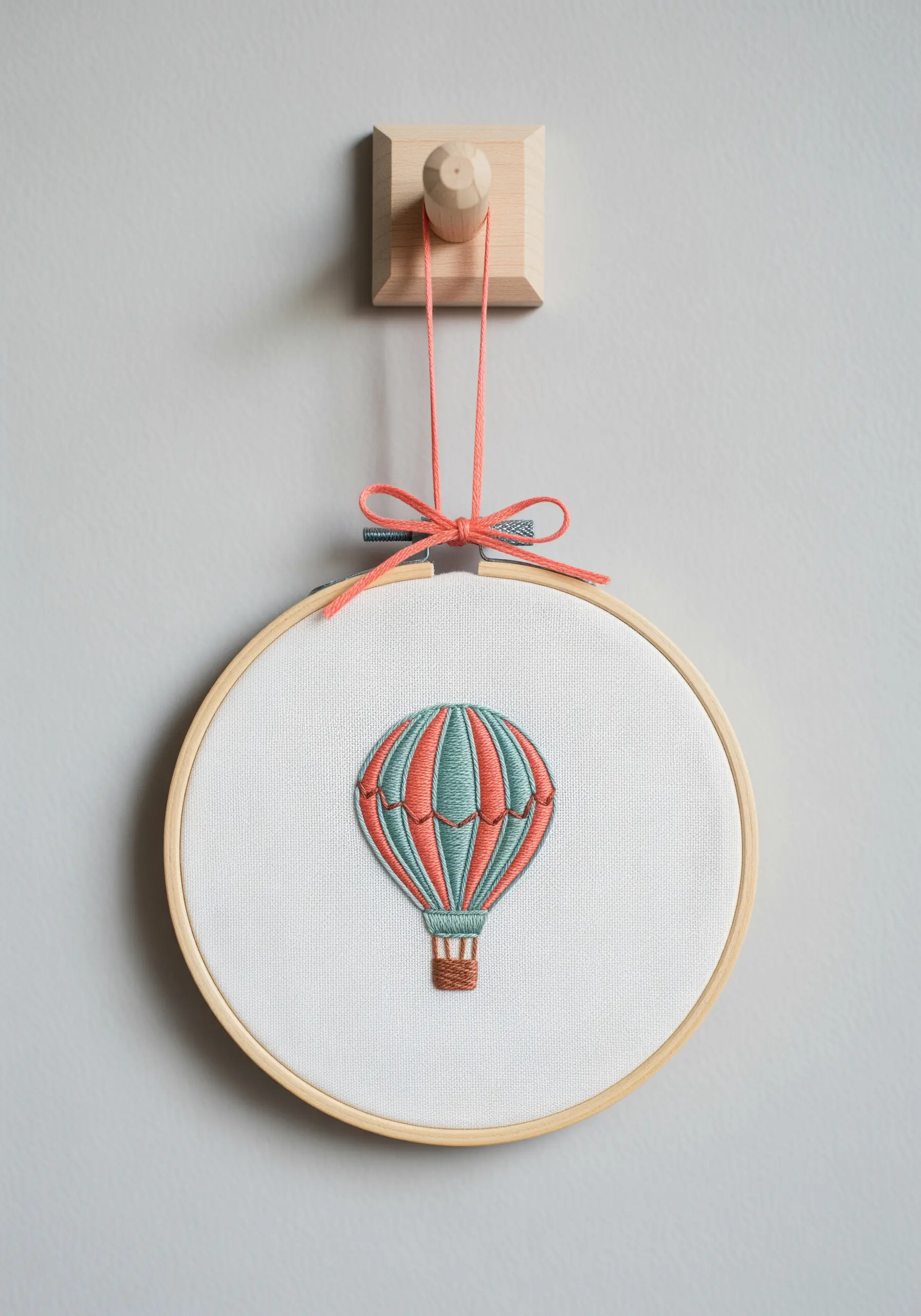 A hot air balloon with perfectly defined teal and coral satin stitch panels.