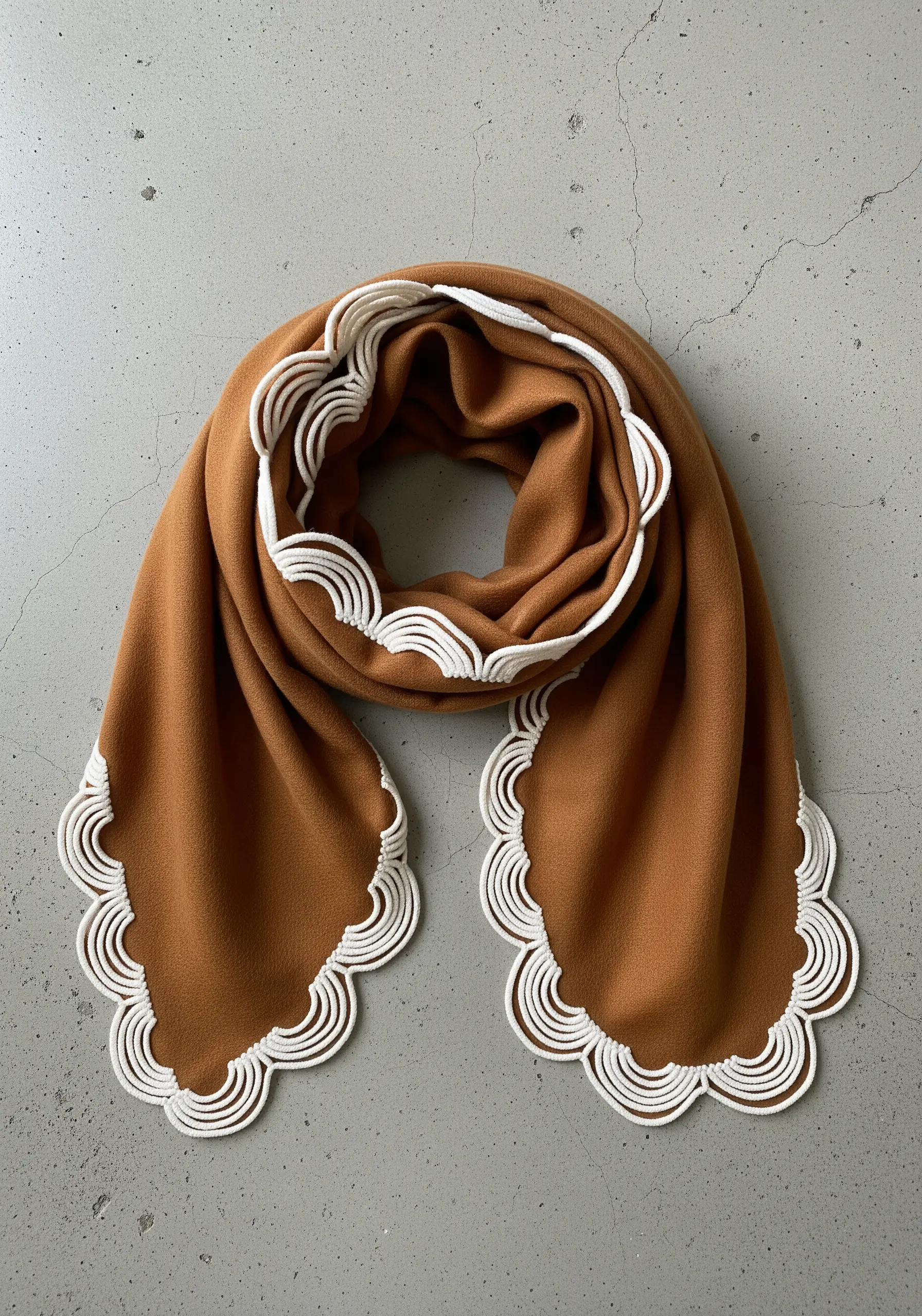 A thick, structural white scalloped border on a brown wool scarf.
