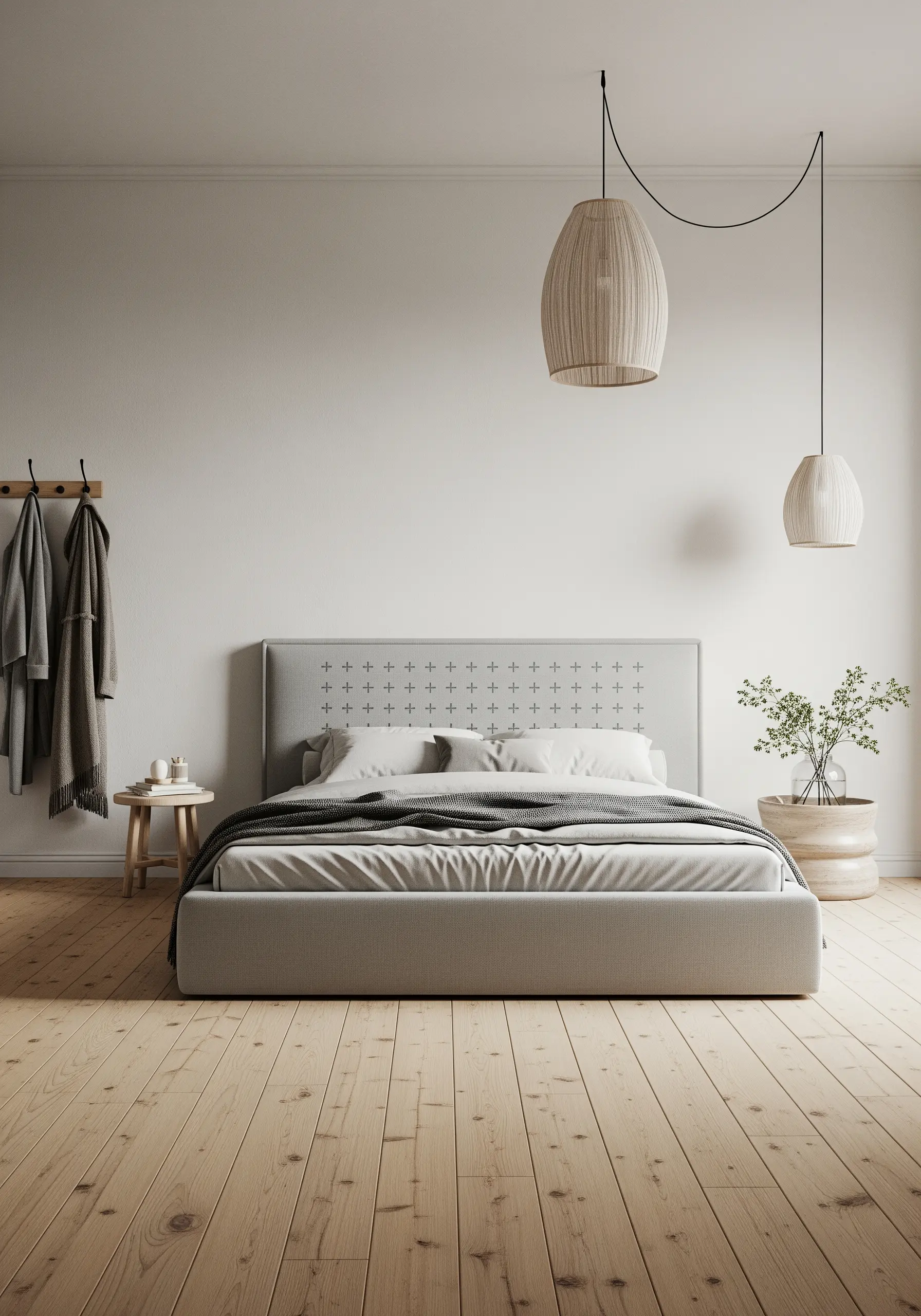 A minimalist fabric headboard with a subtle grid of small, light gray plus-sign stitches.