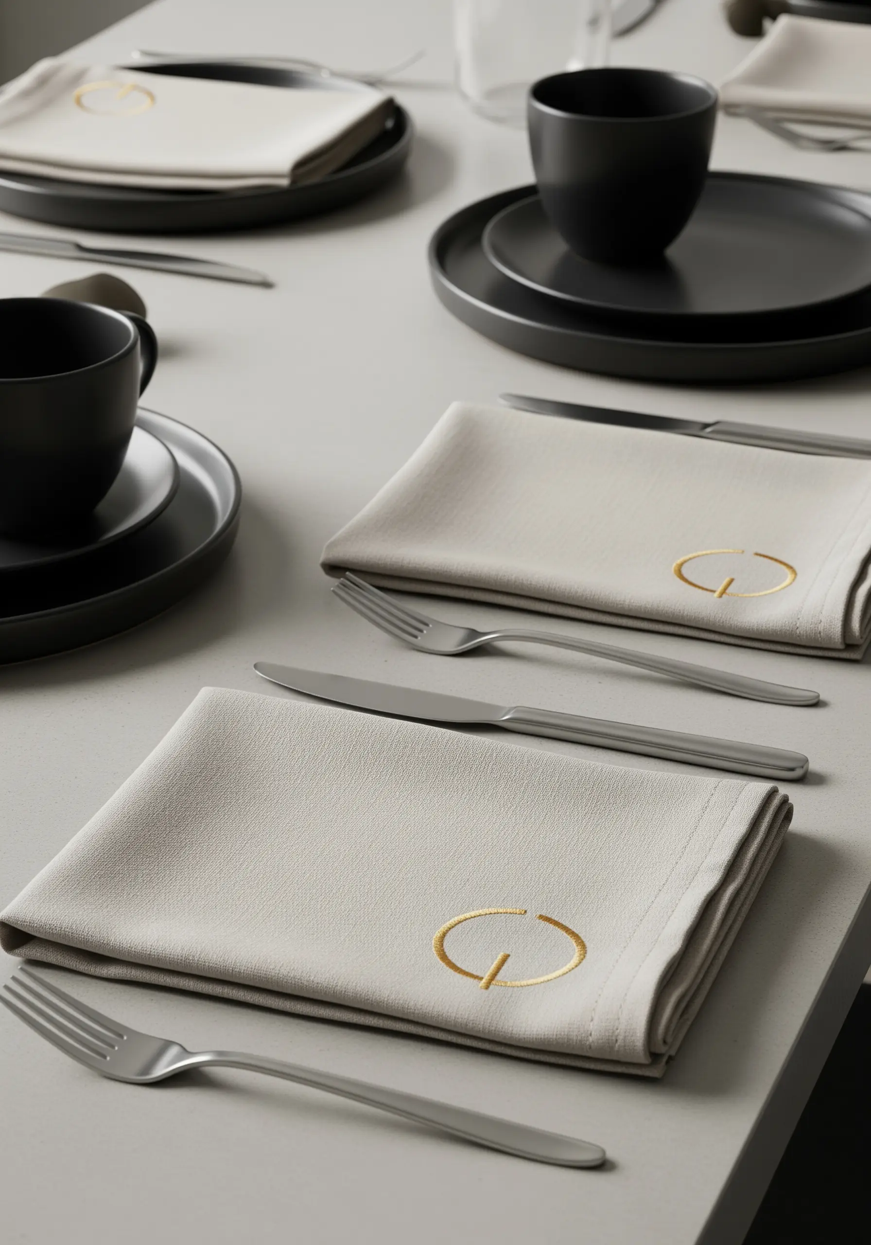 Modern gold monogram embroidered on a neutral-colored linen napkin on a set table.