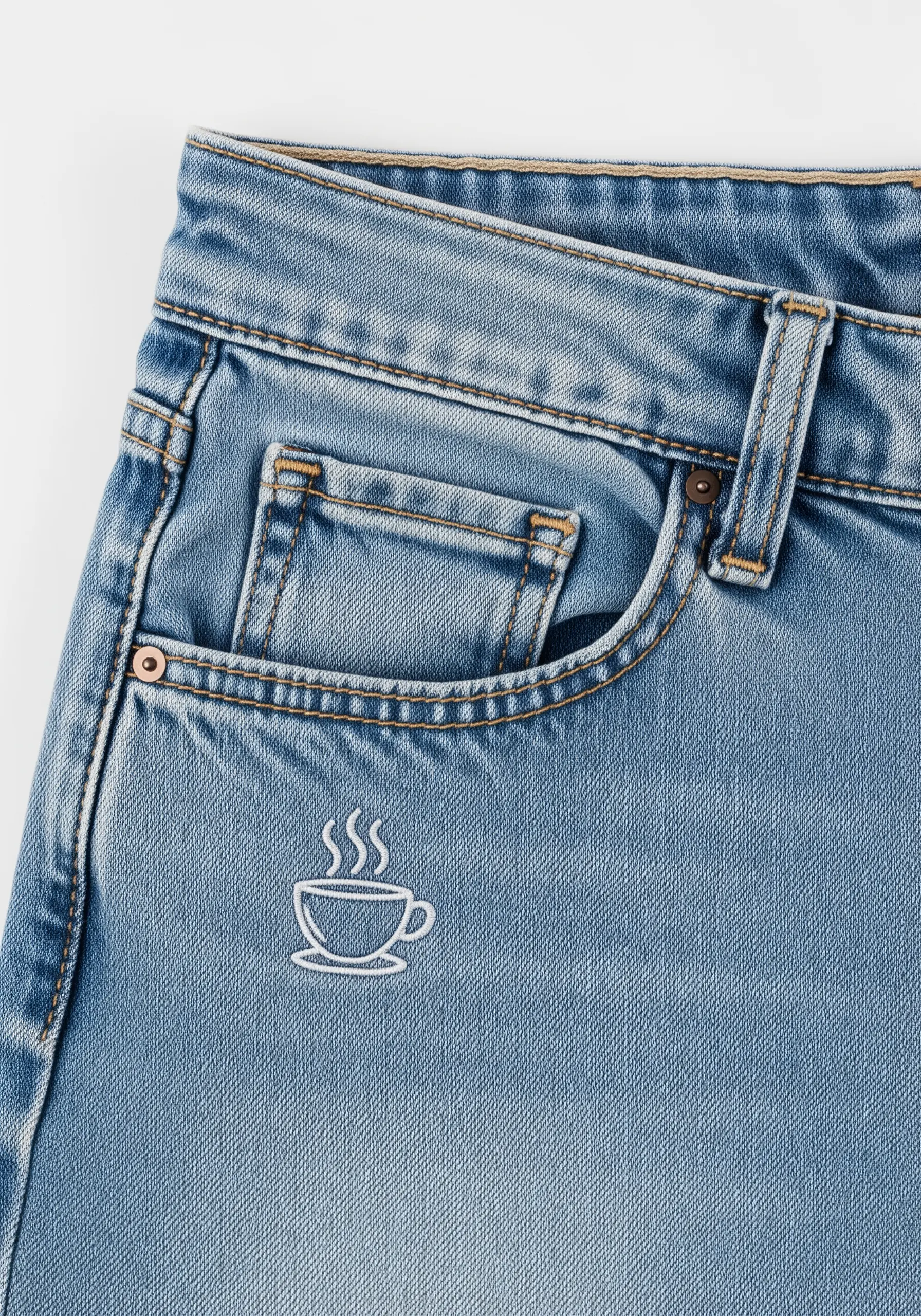 A tiny, minimalist outline of a steaming coffee cup on a light denim pocket.