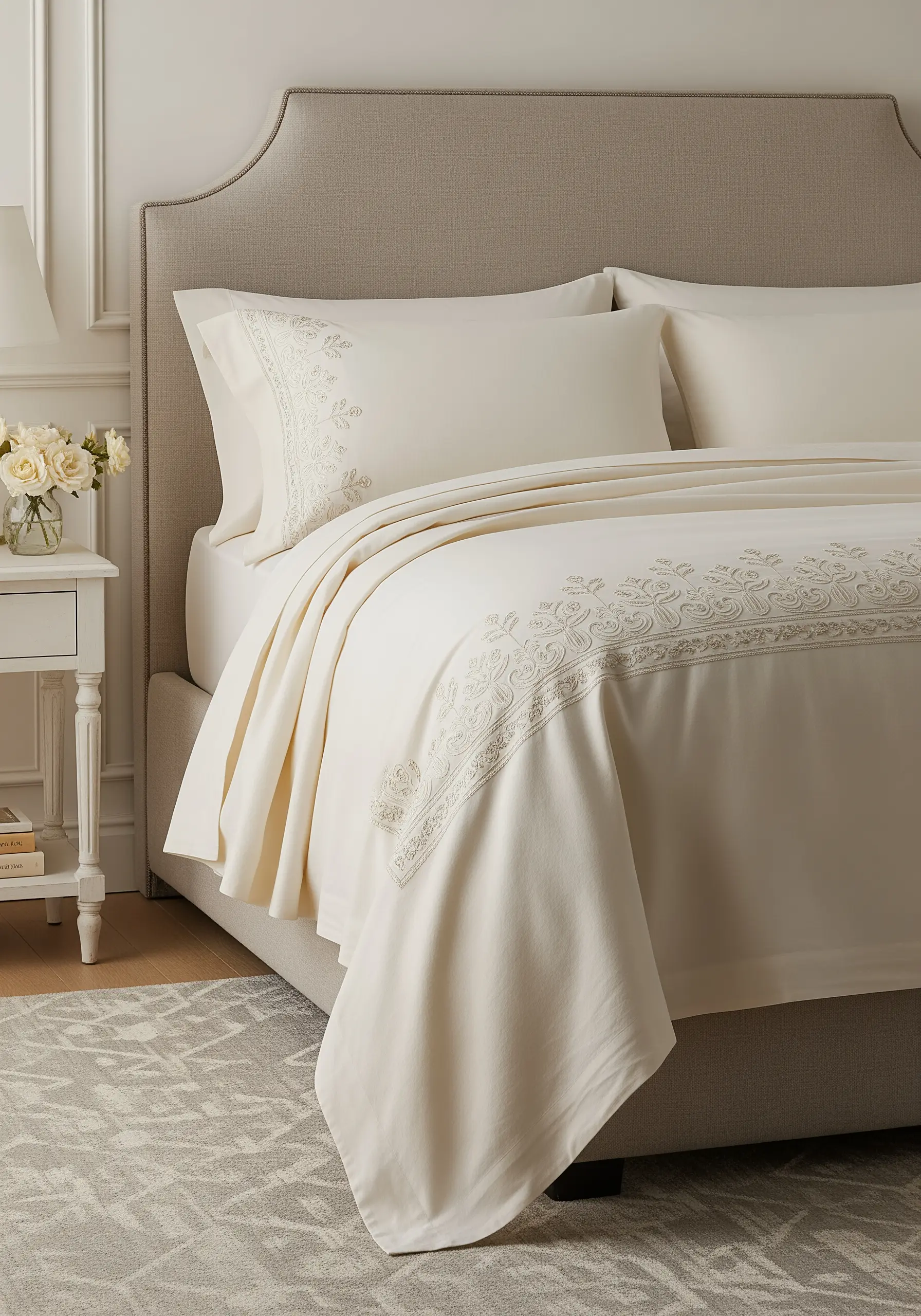 A delicate floral scrollwork border embroidered in a tone-on-tone cream color.