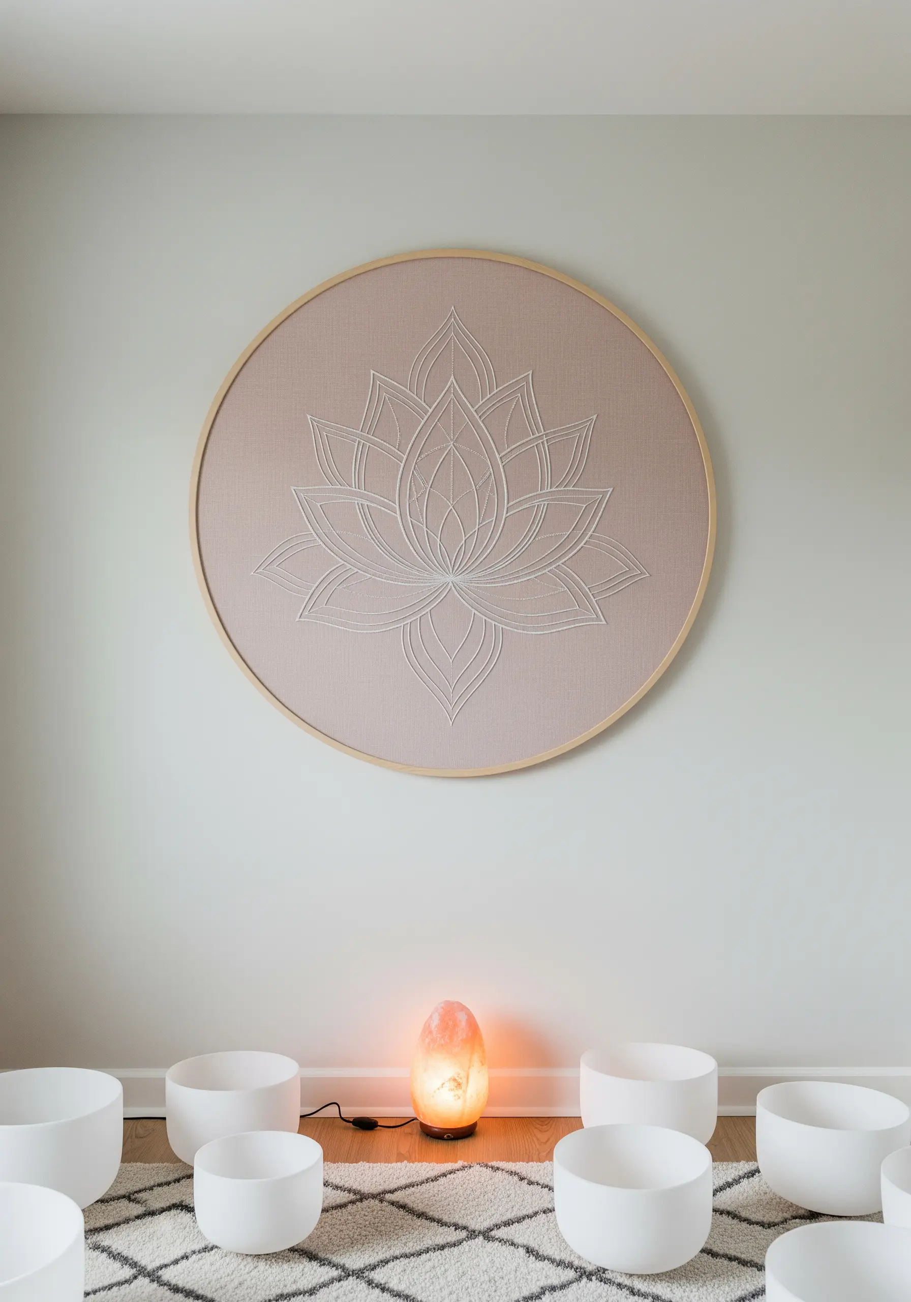 A large, round framed embroidery of a white lotus on pale pink fabric.