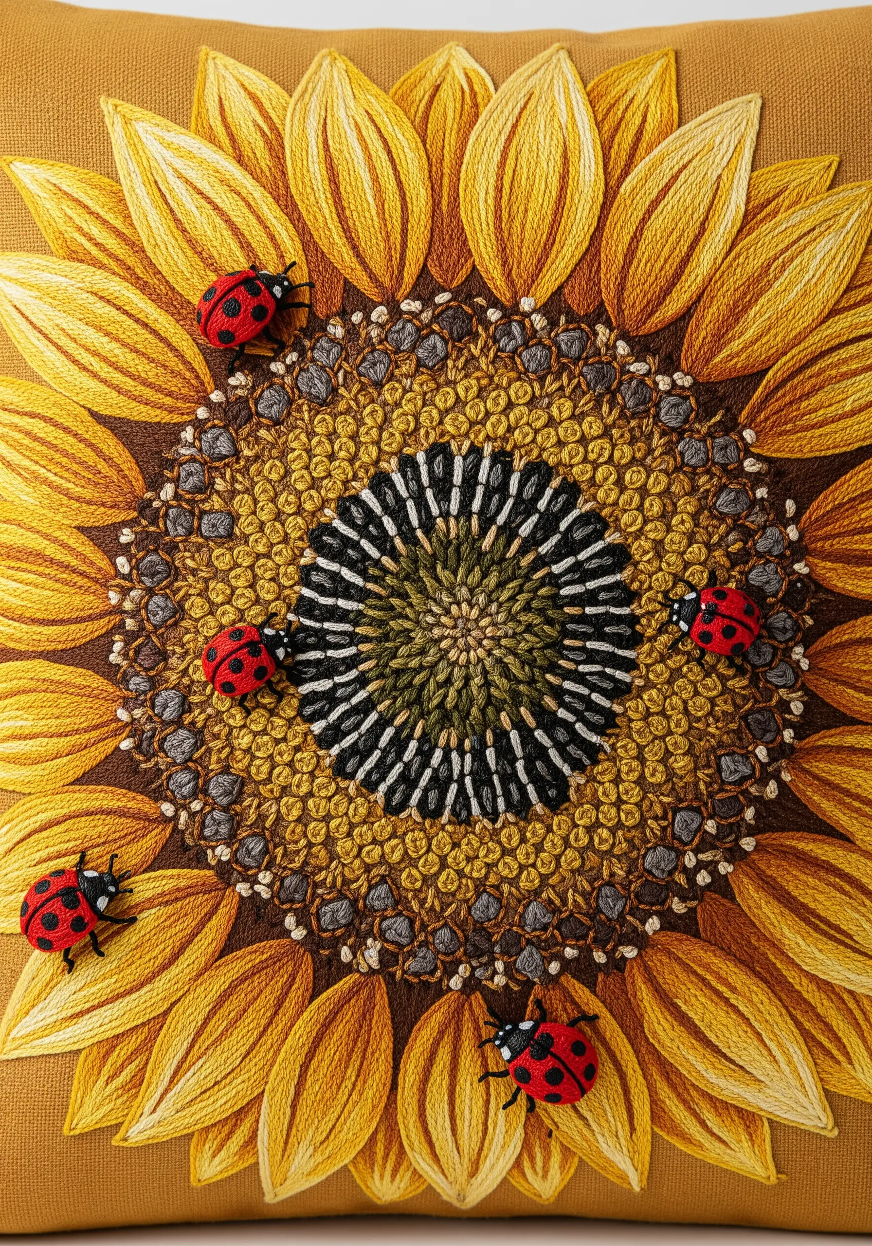 Close-up of an embroidered sunflower with a highly textured seed center and ladybugs.
