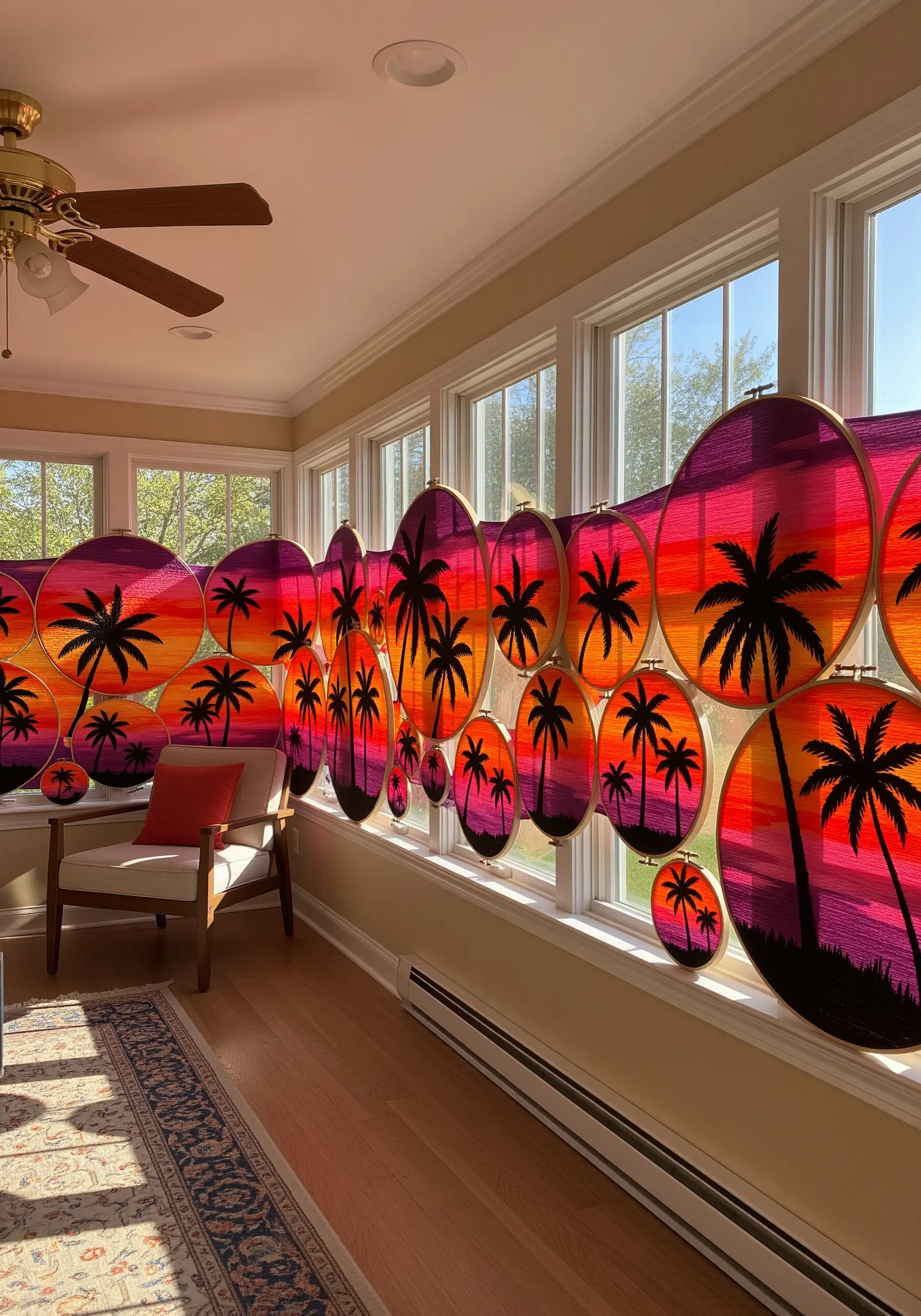 A curtain of embroidery hoops with a continuous sunset and palm tree silhouette design.