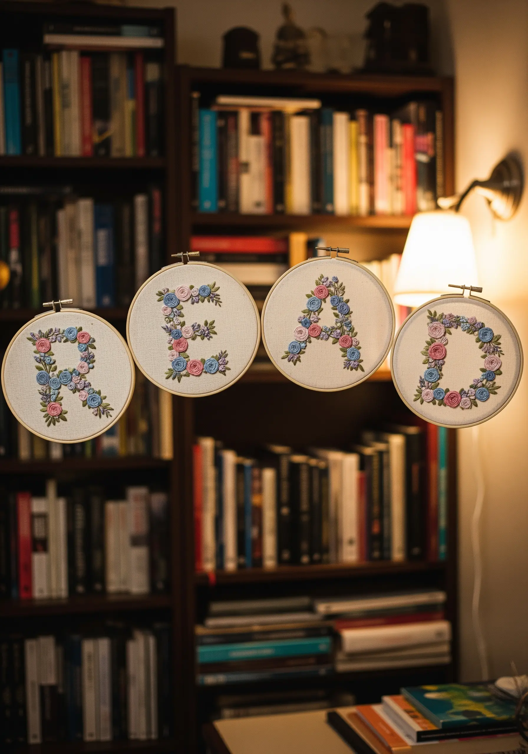 Four embroidery hoops with floral letters spelling 'READ,' suspended in front of a bookshelf.