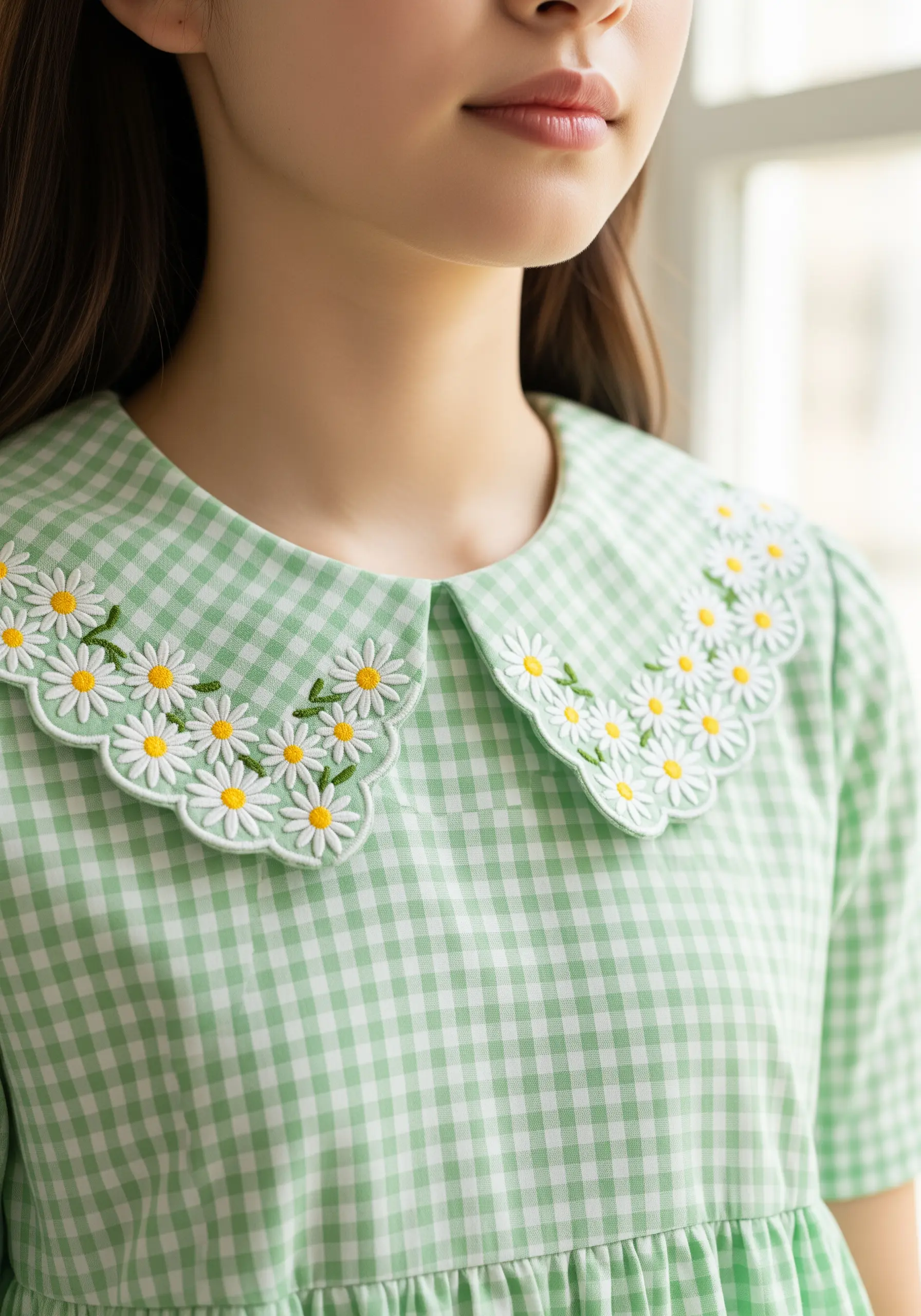 A garland of embroidered daisies following the scalloped edge of a green gingham collar.