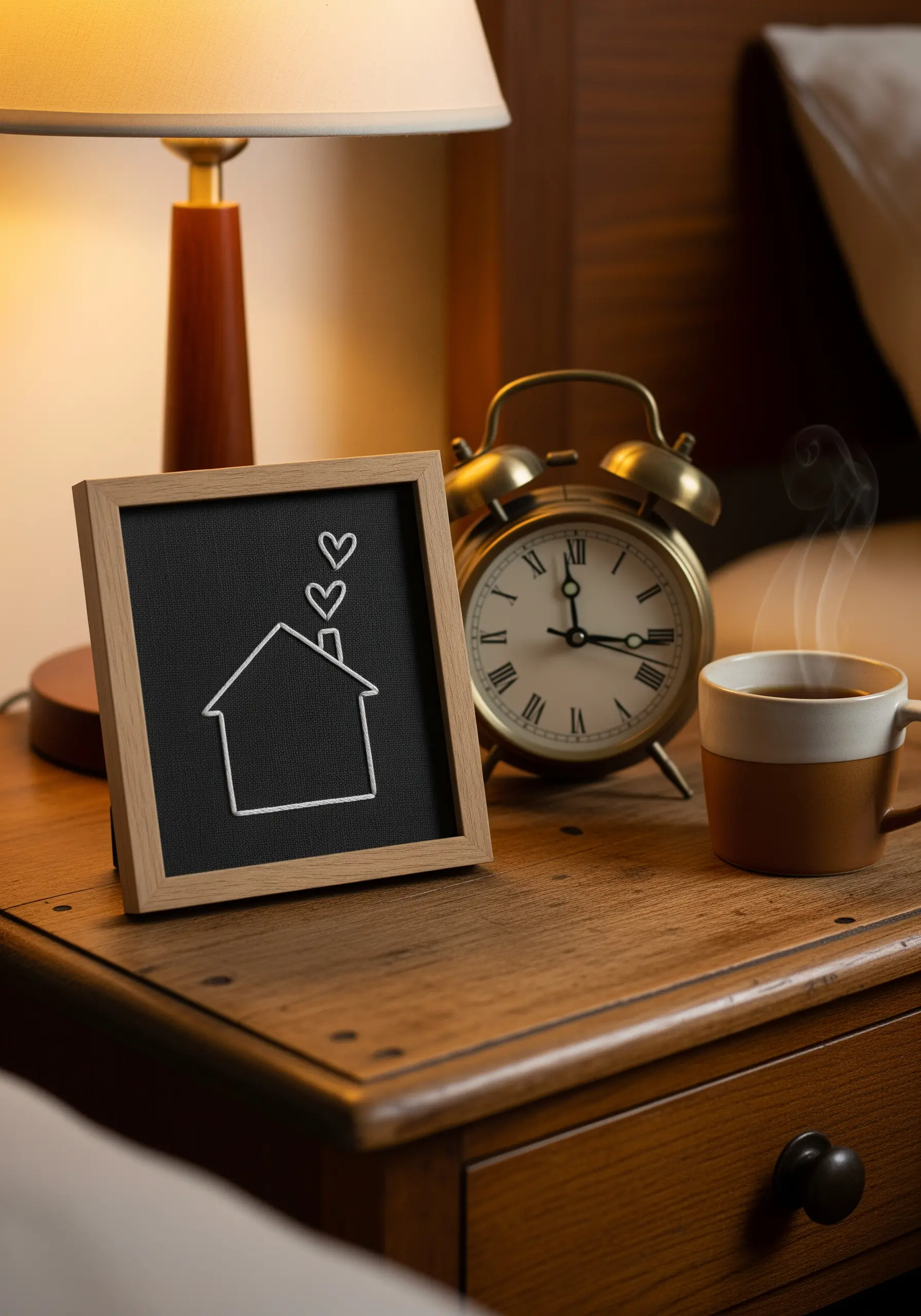 A simple white outline of a house with hearts for smoke, framed on a bedside table.