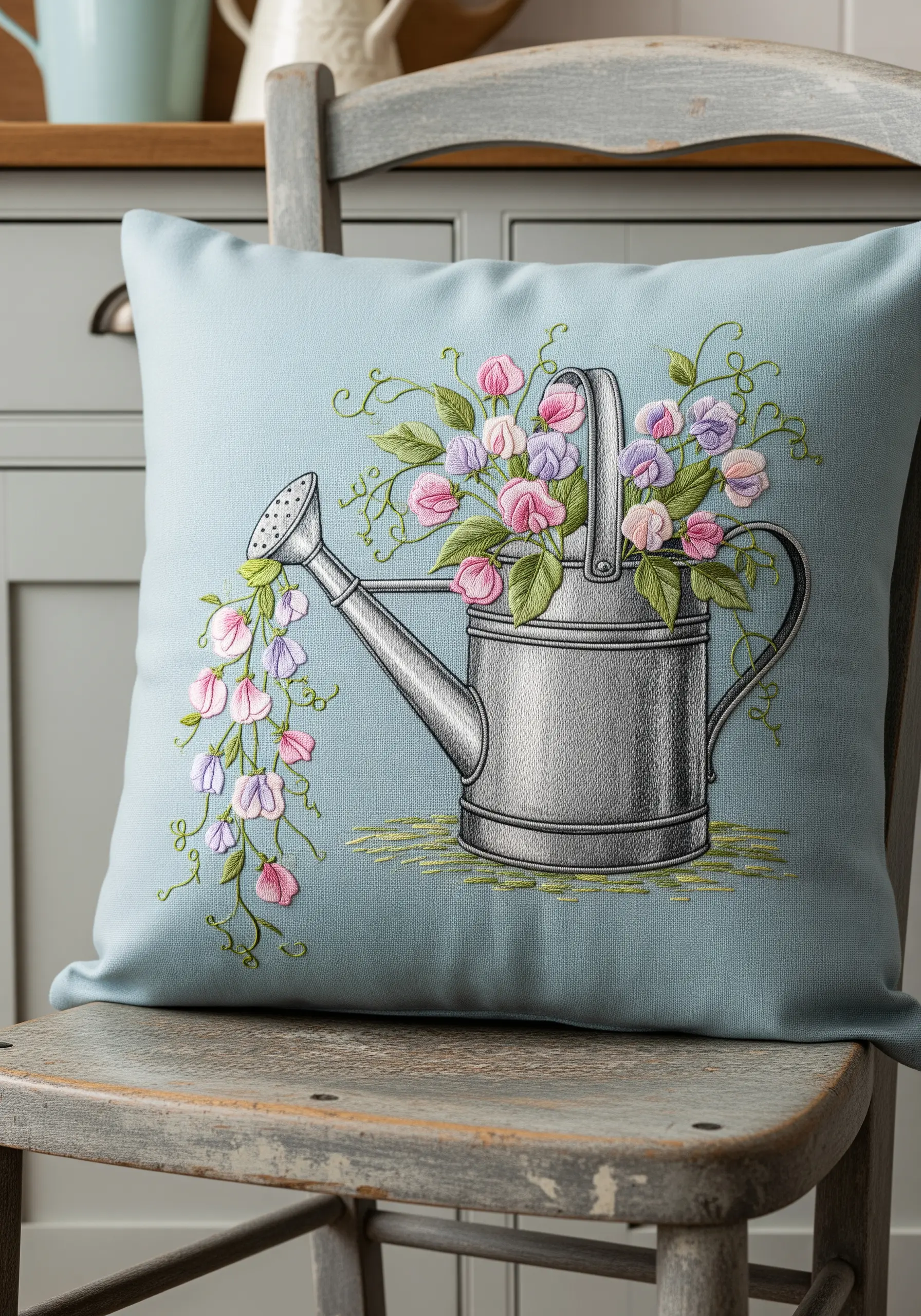 Embroidered watering can with pink and purple sweet peas spilling out.