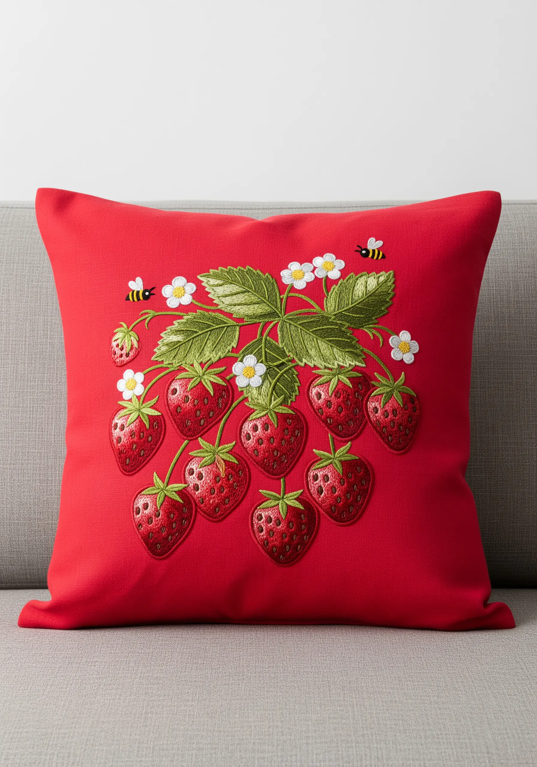 A detailed embroidered strawberry plant with dimensional berries and white flowers.