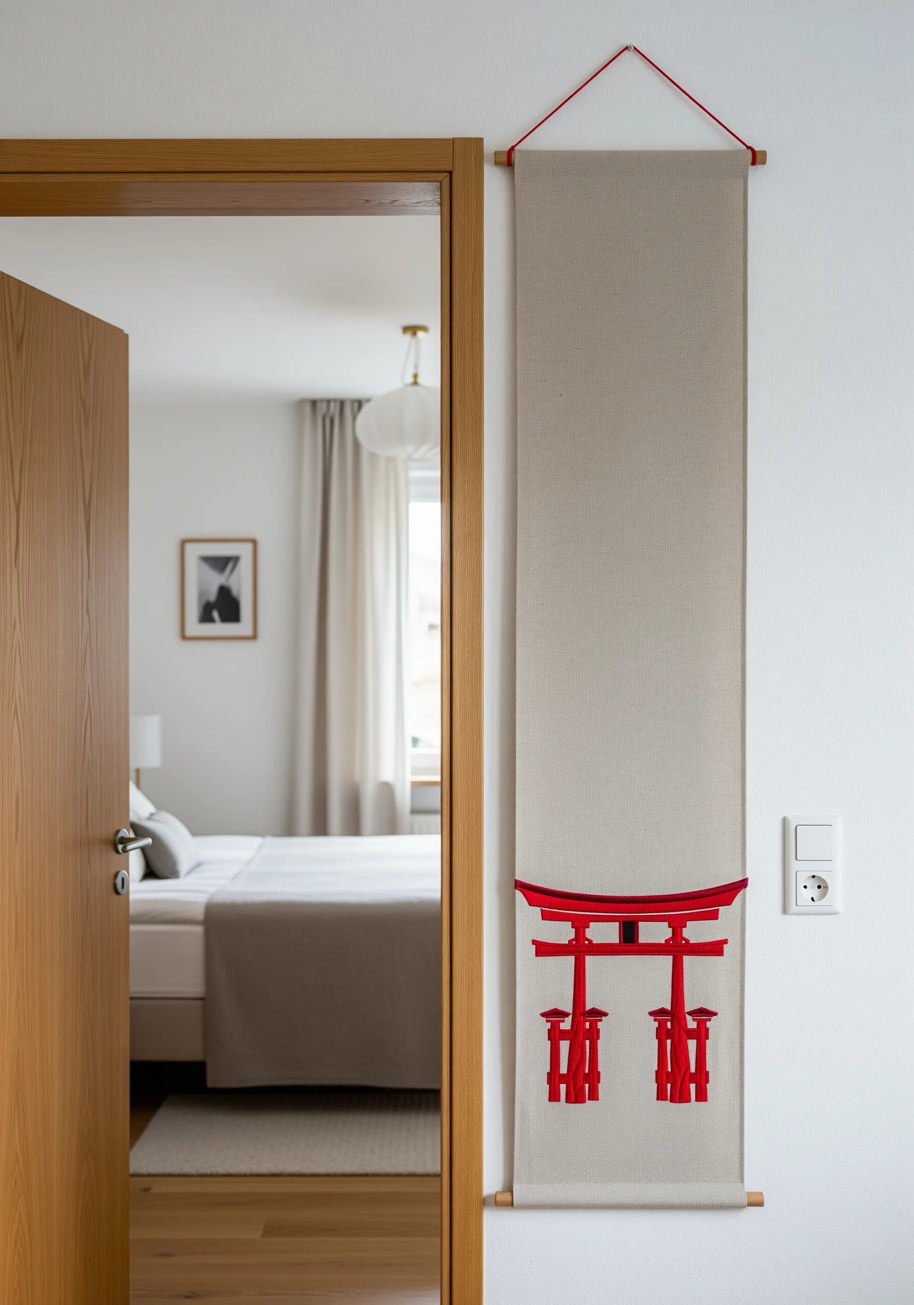 A red embroidered Torii gate on a narrow, vertical linen wall hanging.