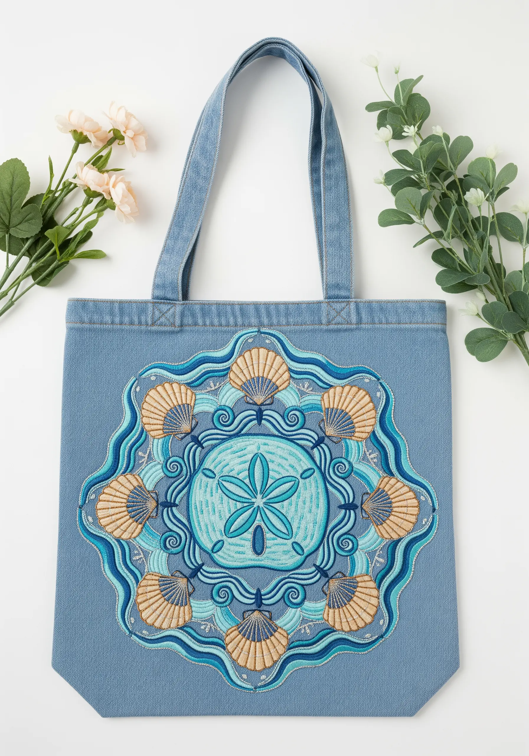 An intricate seashell mandala embroidered in blues and beiges on a denim tote bag.