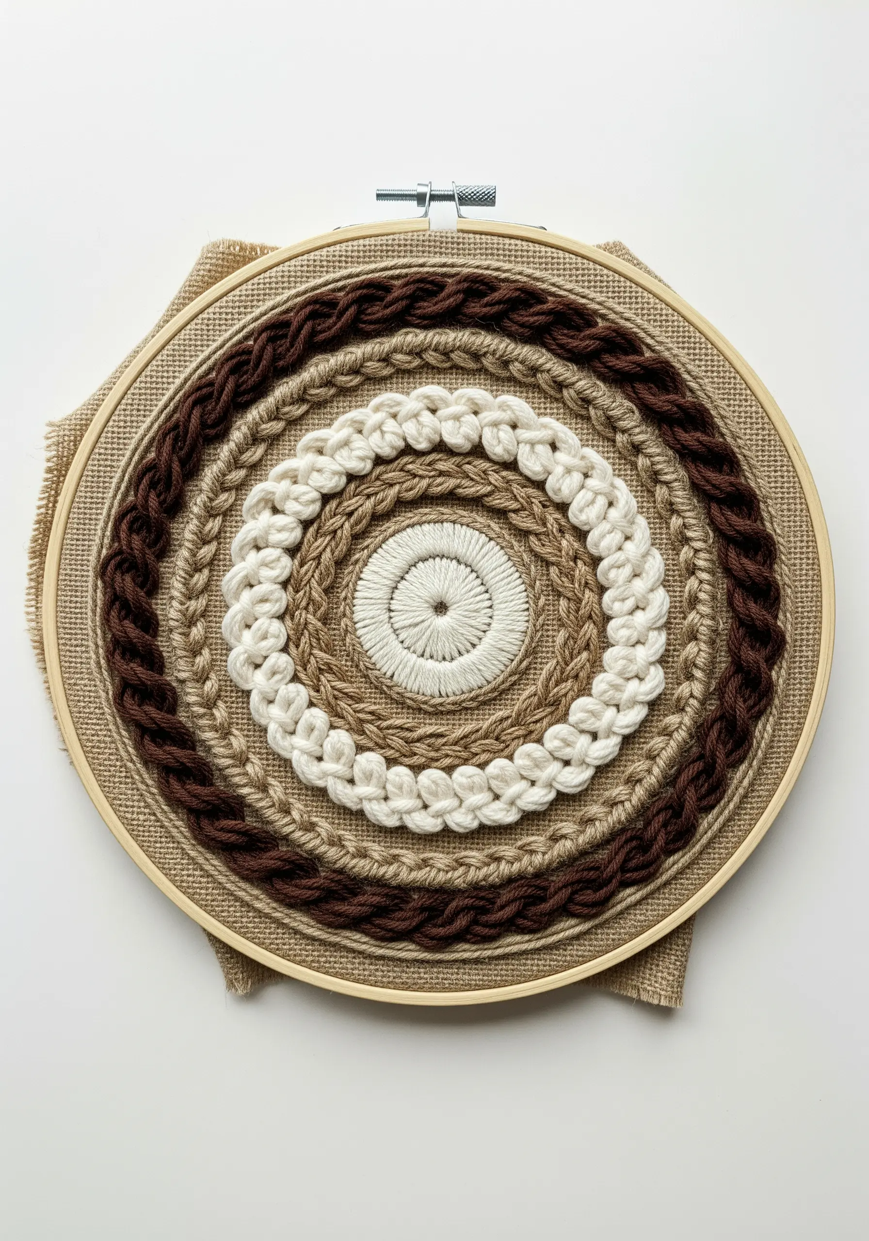 A textural mandala hoop with concentric circles of braided yarn and various stitches.