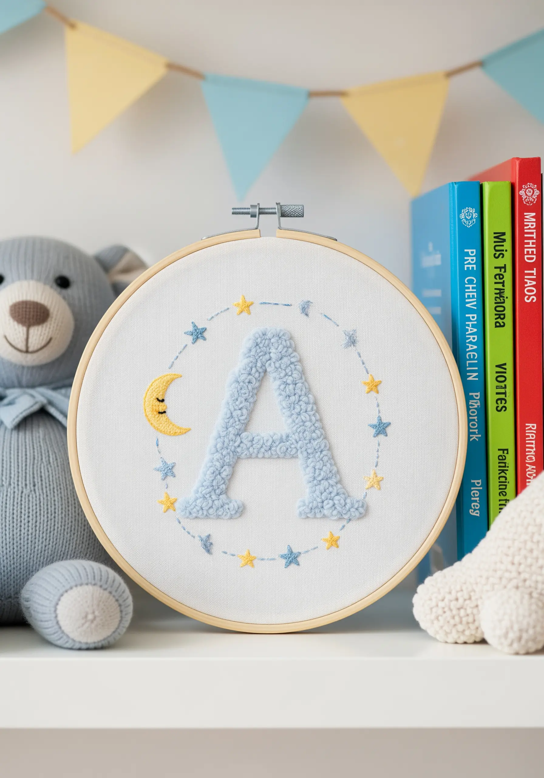 A nursery embroidery hoop with a fluffy, blue turkey-stitched letter 'A' surrounded by stars.