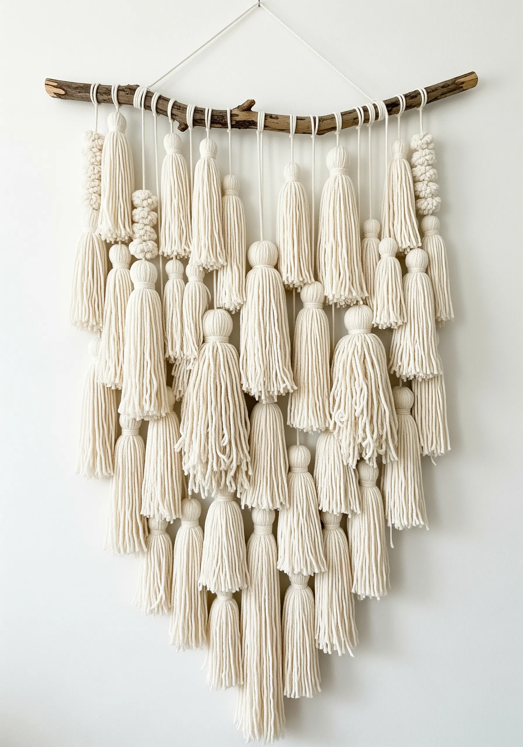 A dense collection of cream-colored yarn tassels hanging from a curved branch.