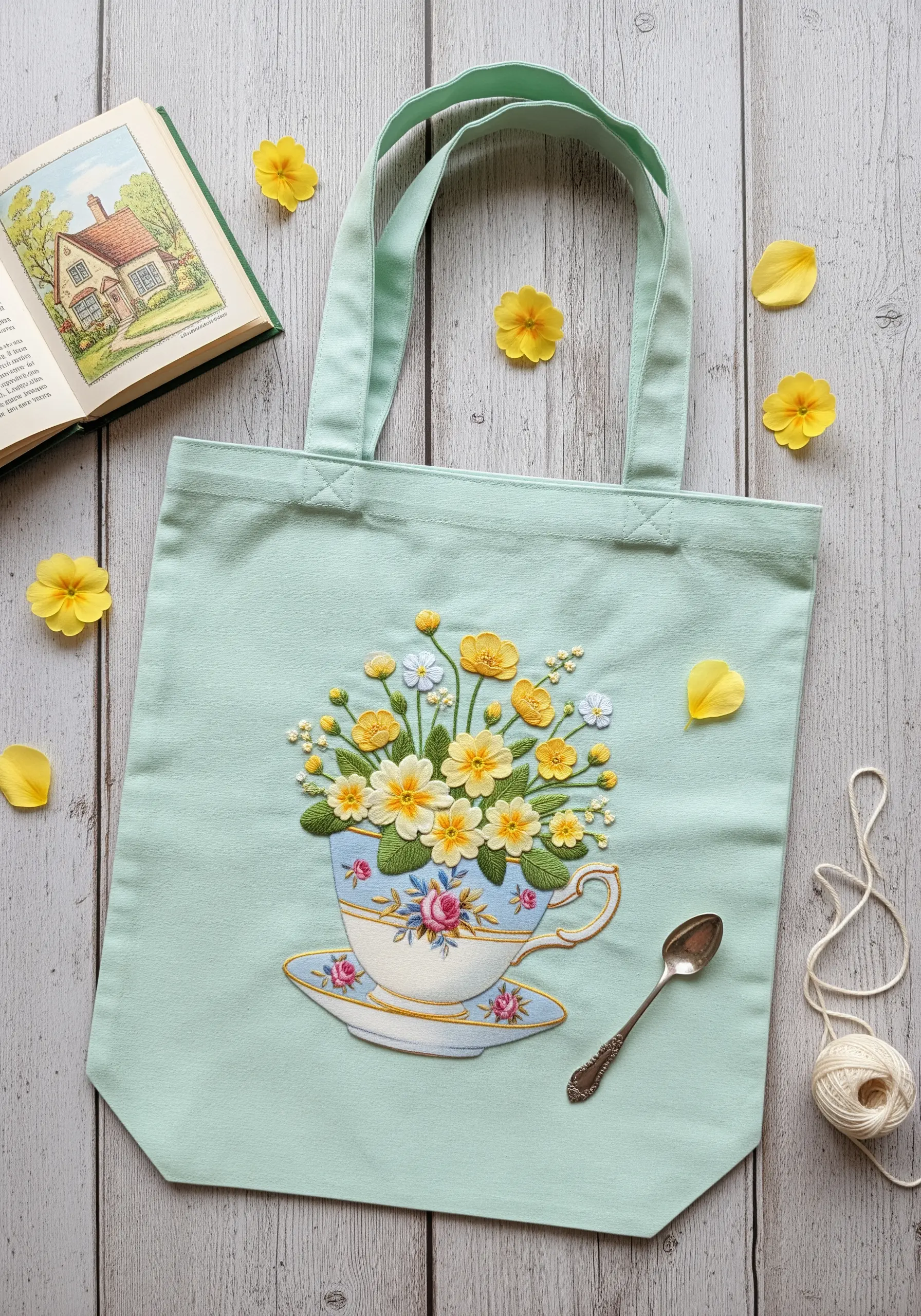 A bouquet of yellow and blue flowers embroidered inside a teacup appliqué on a mint green tote.