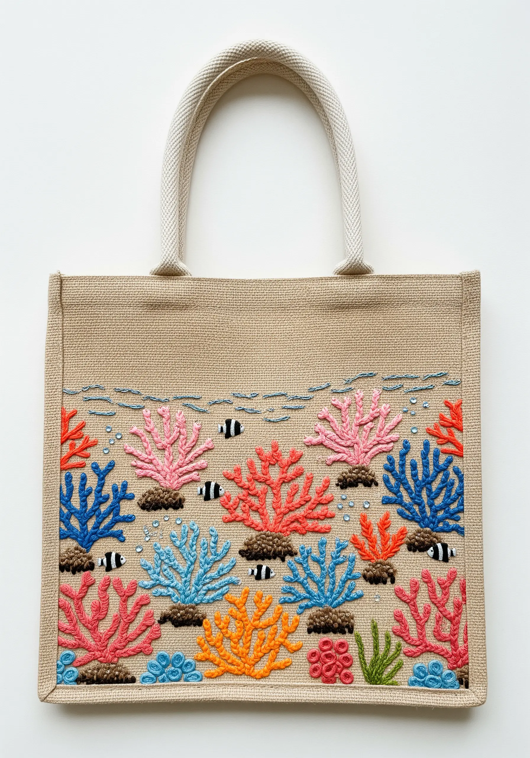 A vibrant embroidered coral reef using a variety of textural knot stitches.