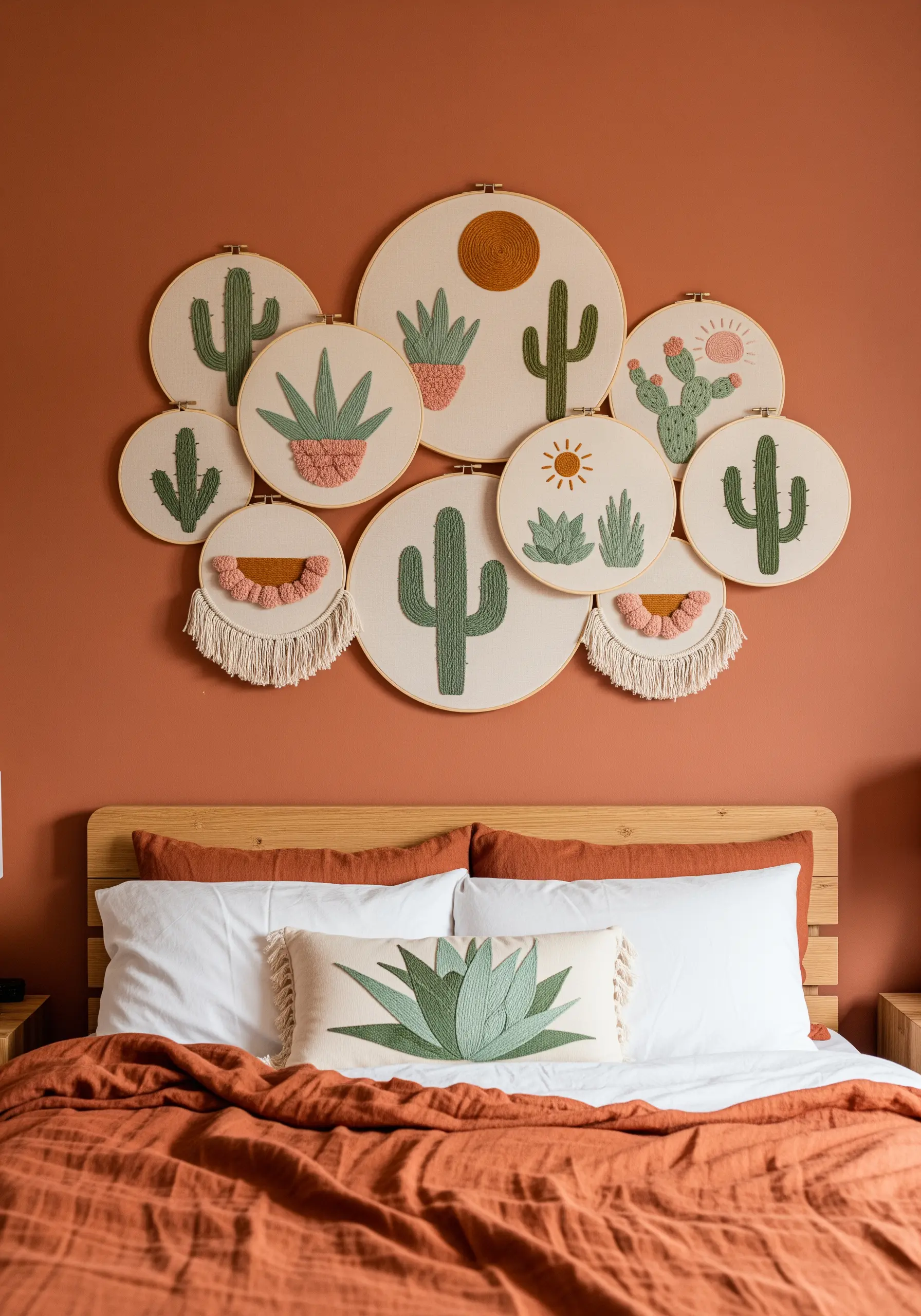 A wall collage of embroidery hoops featuring various cacti and succulents with textural stitches.