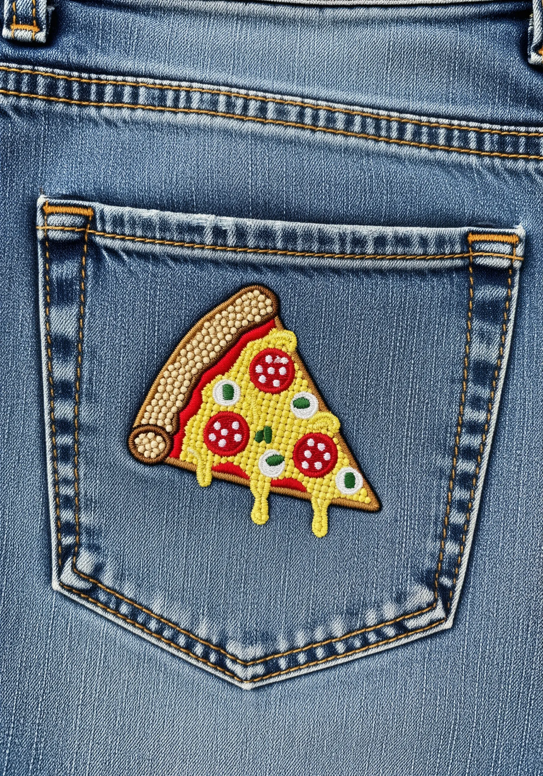 An embroidered pizza slice patch with beading on the crust, on a jean pocket.