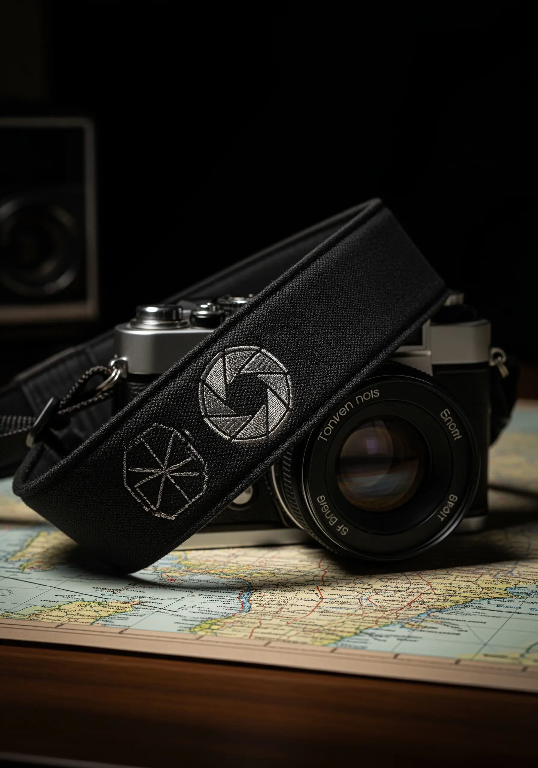 A camera aperture and shutter icon embroidered in silver thread on a black camera strap.