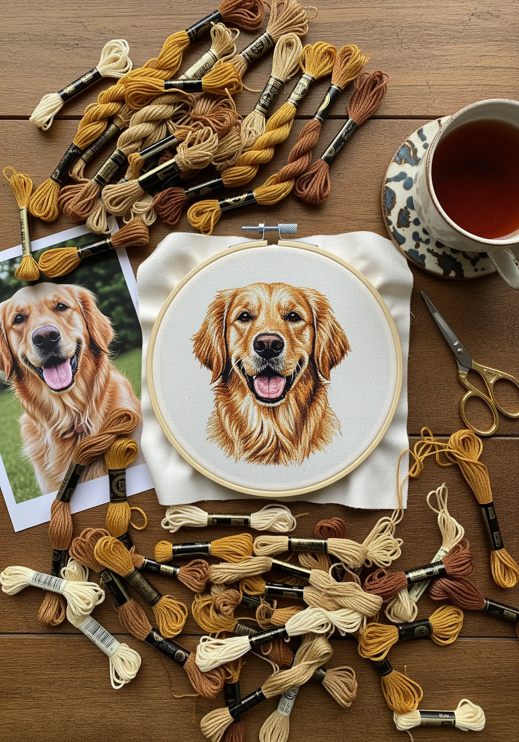 Detailed thread-painted portrait of a golden retriever in an embroidery hoop surrounded by floss.
