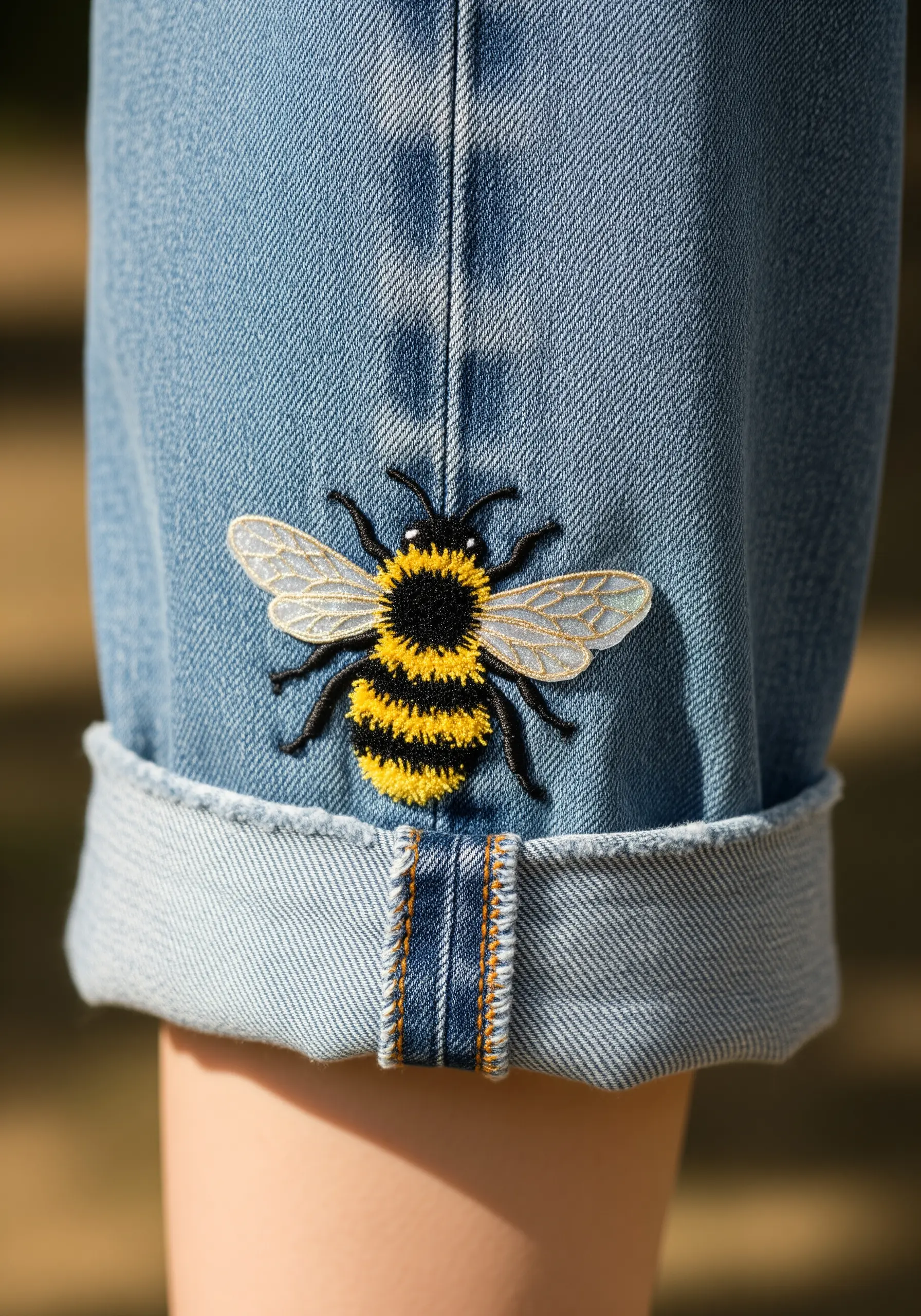 A realistic embroidered bee with sheer wings stitched on the cuff of a jean leg.