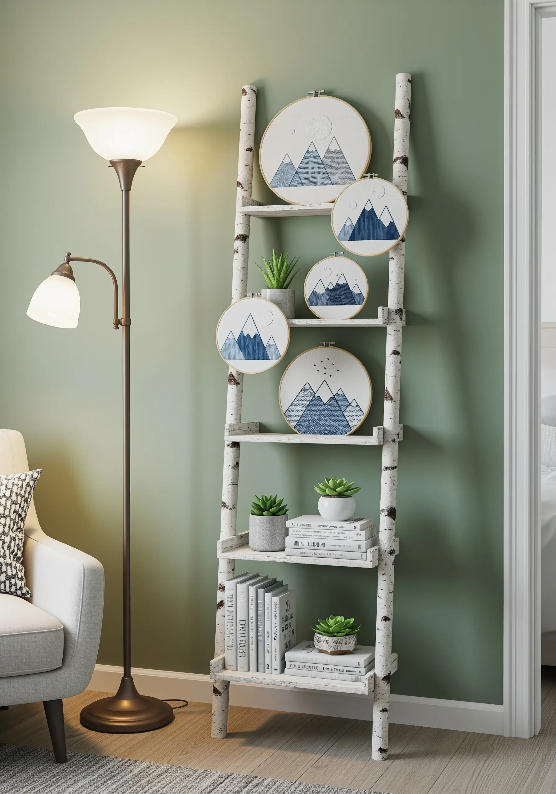 A collection of mountain embroidery hoops displayed on a decorative birch ladder.