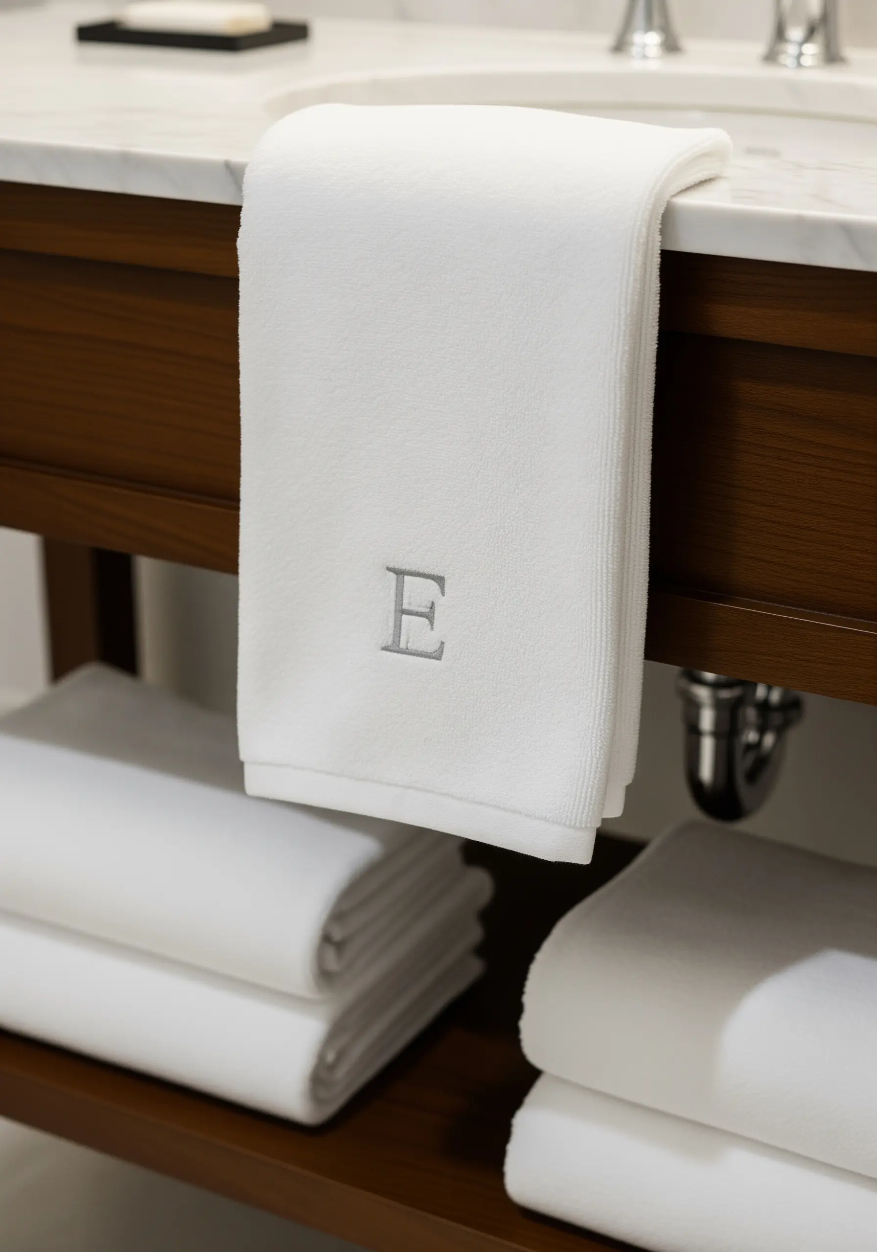 A single grey initial embroidered on a fluffy white towel in a bathroom setting.