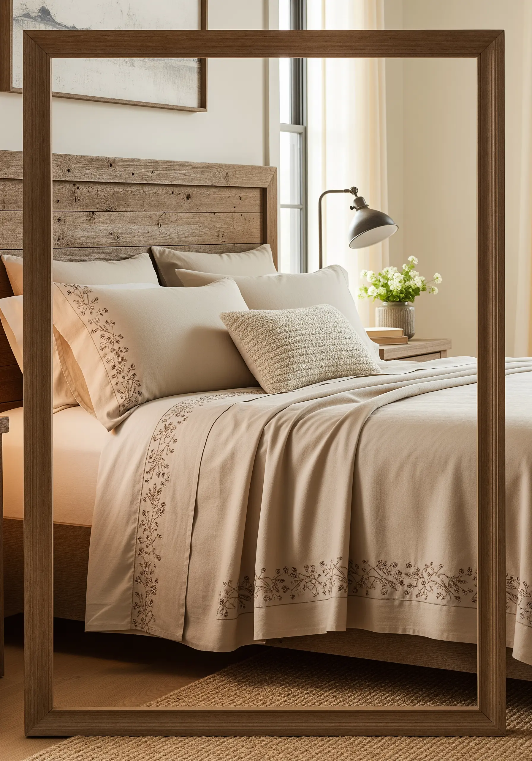 Delicate botanical vine border embroidered in a single neutral tone on beige bedsheets.