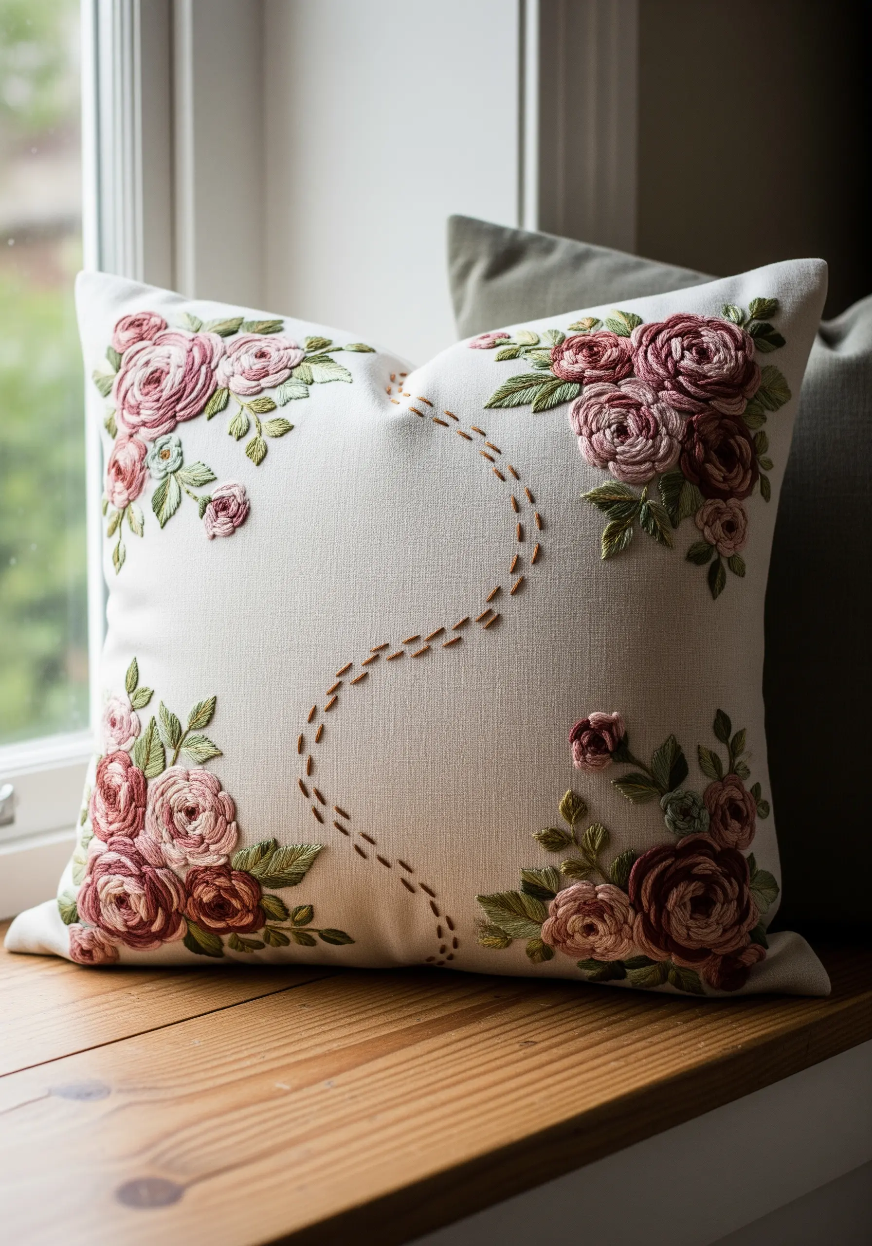 Embroidered pink roses in cushion corners with a stitched path.