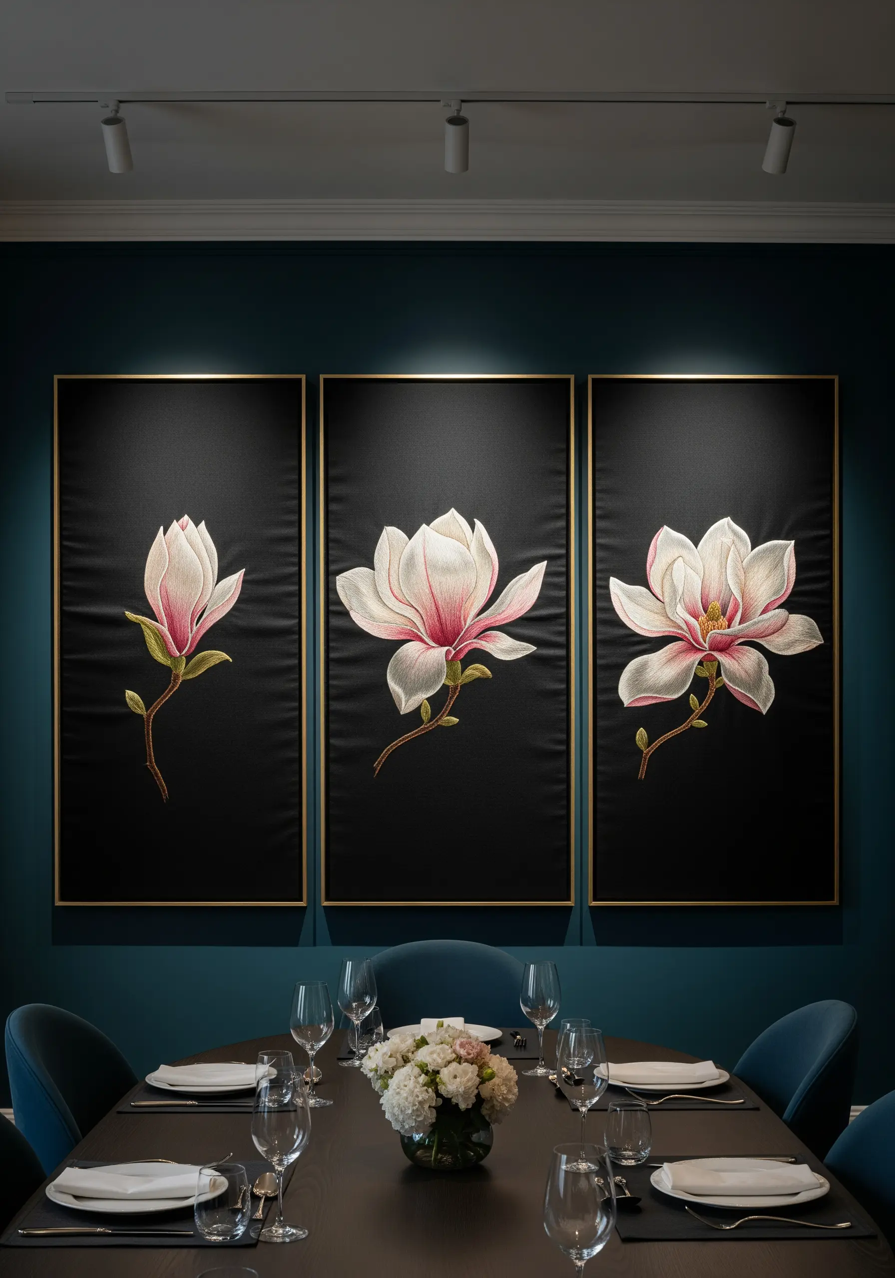 A triptych of three embroidered magnolia flowers on black fabric in gold frames.