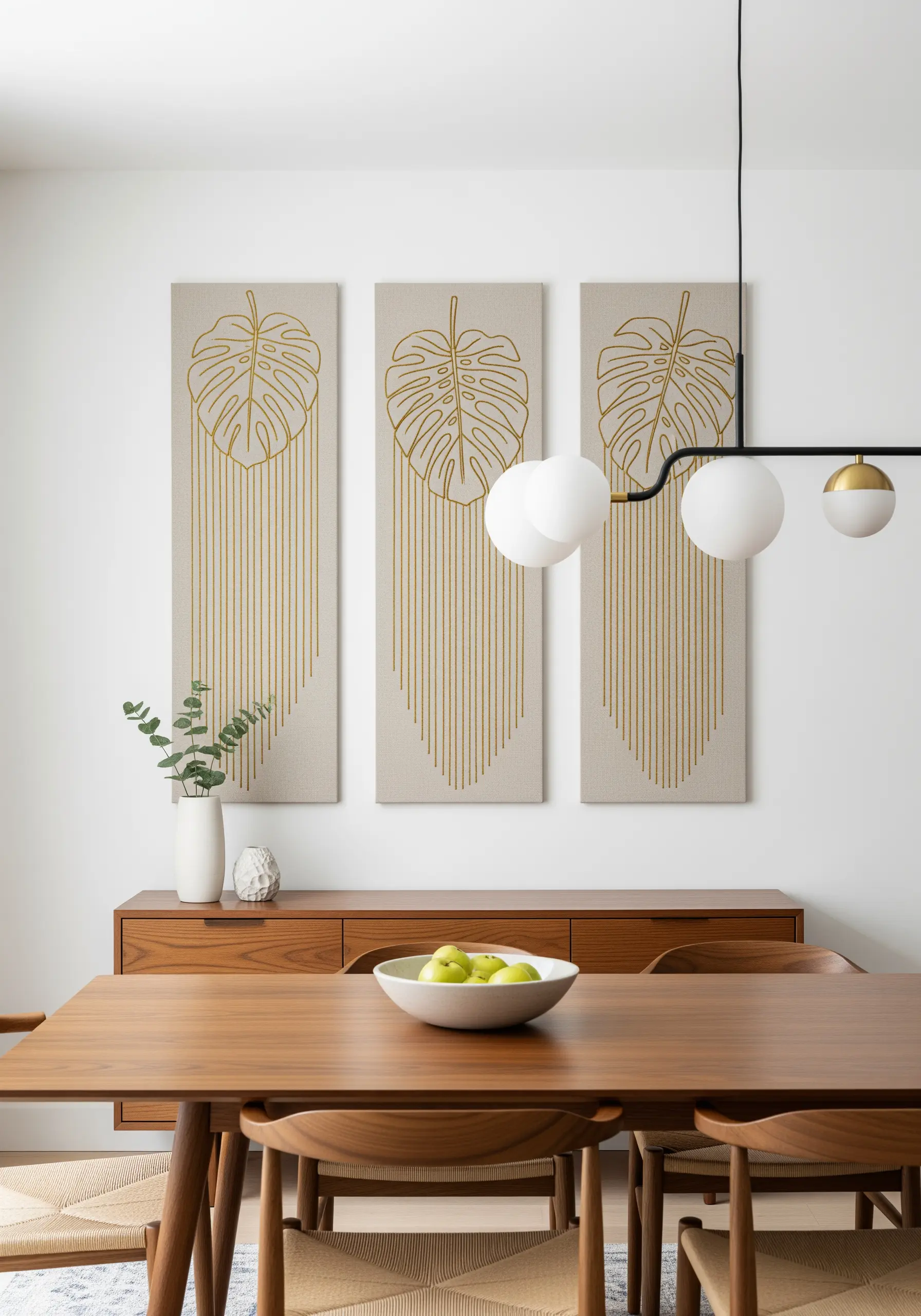 Gold thread monstera leaf outlines with long straight stitches on three tall canvases.