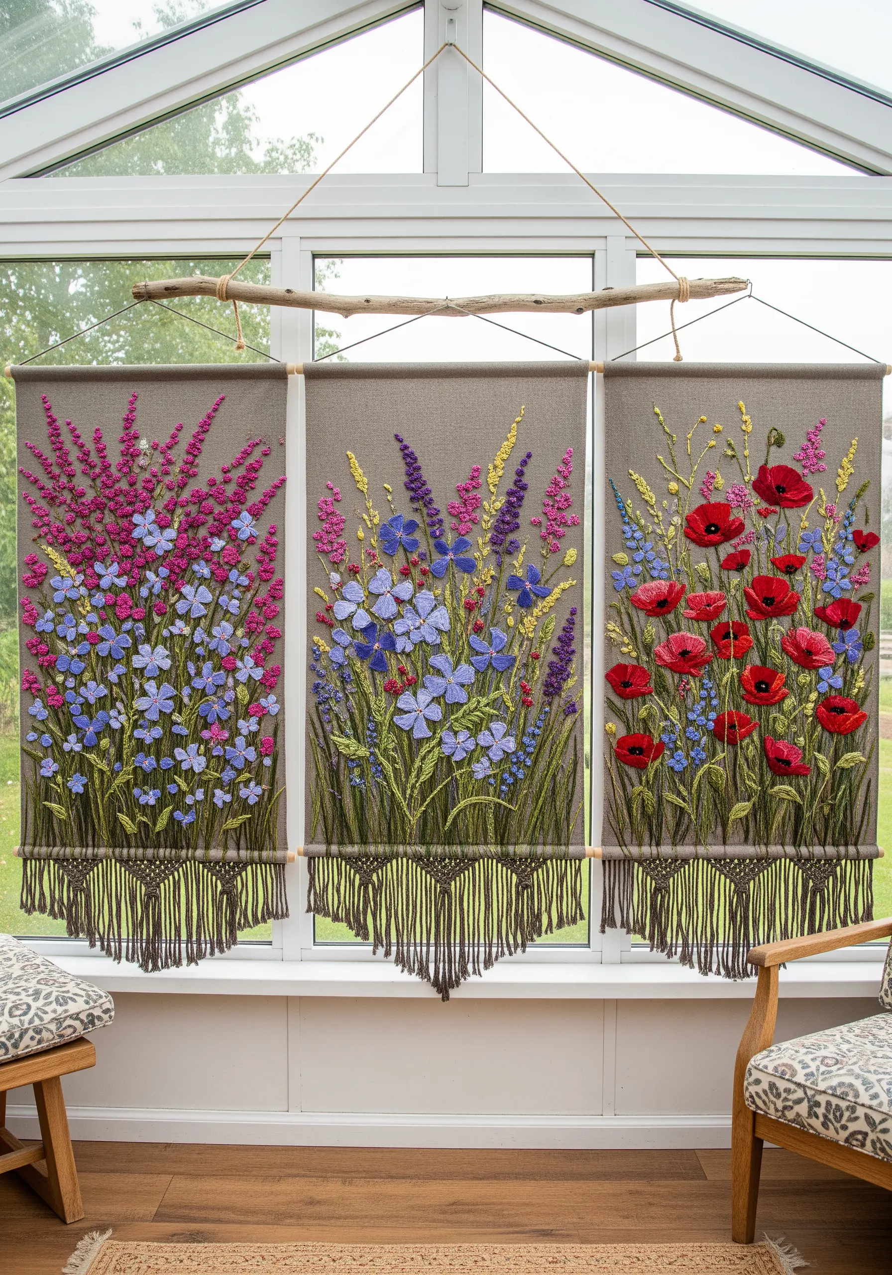 Triptych of embroidered floral wall hangings with macrame fringe.