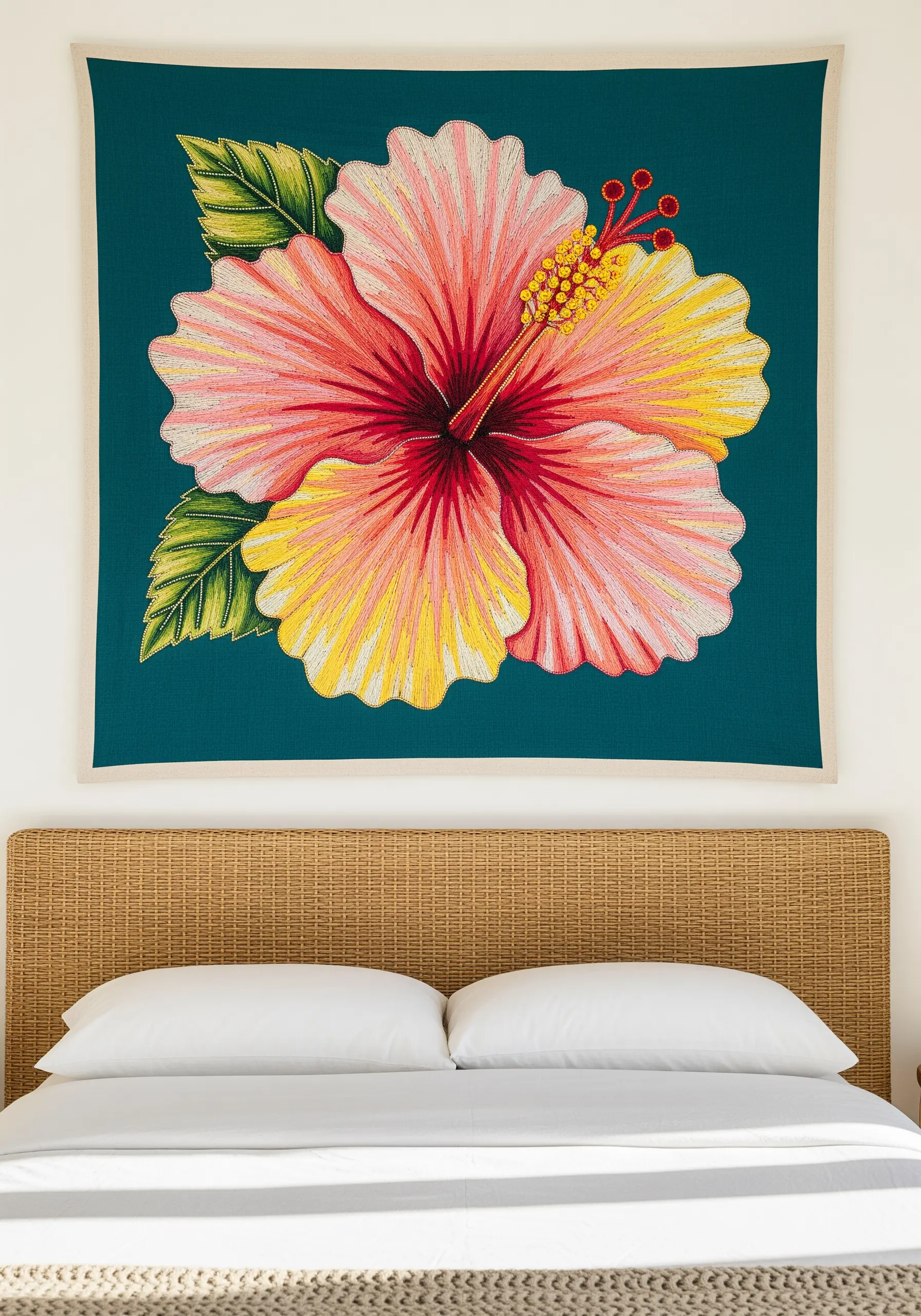 A large, vibrant wall hanging of a realistic pink and yellow hibiscus flower.