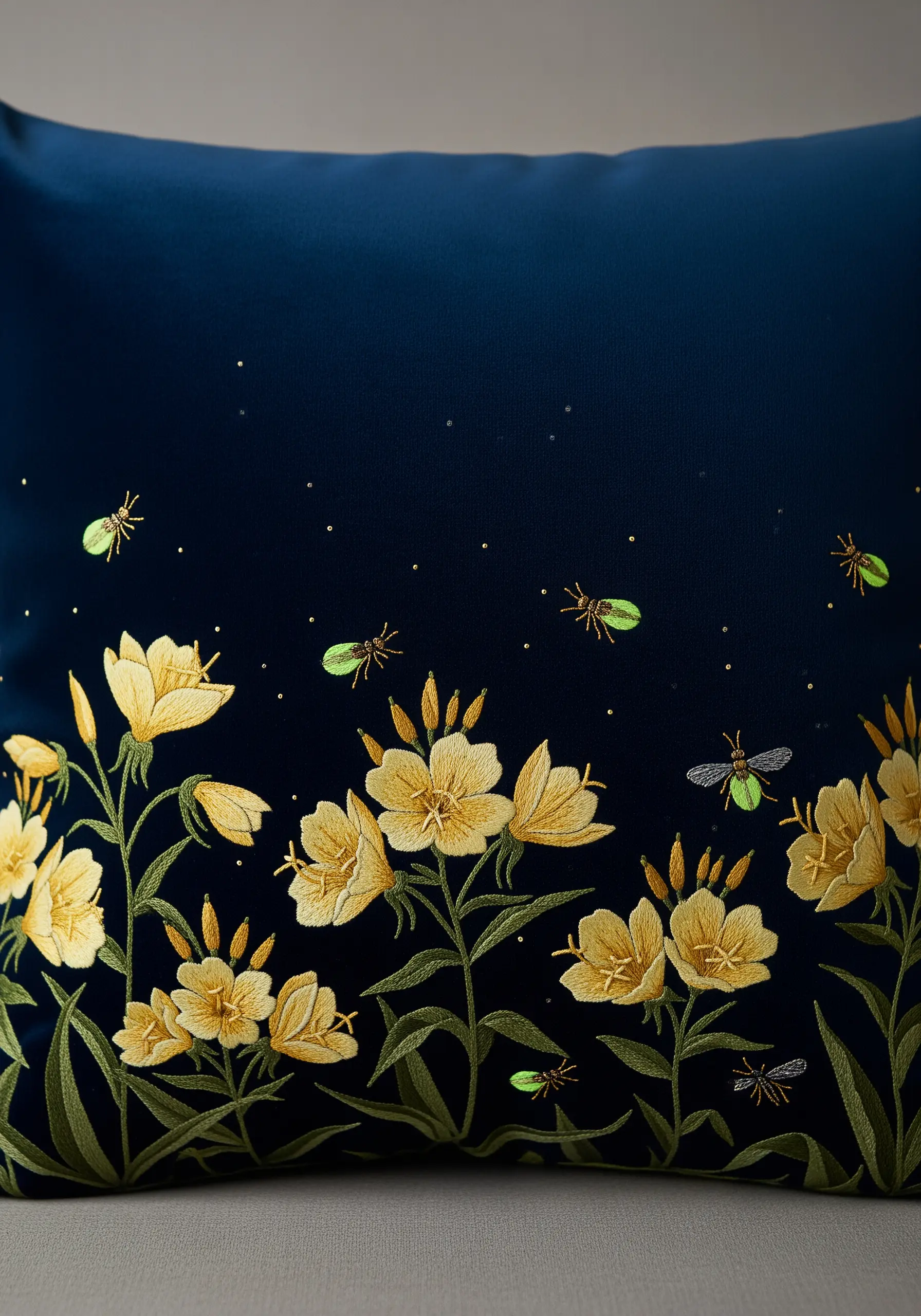 Embroidered yellow evening primrose and glowing fireflies on a dark navy cushion.