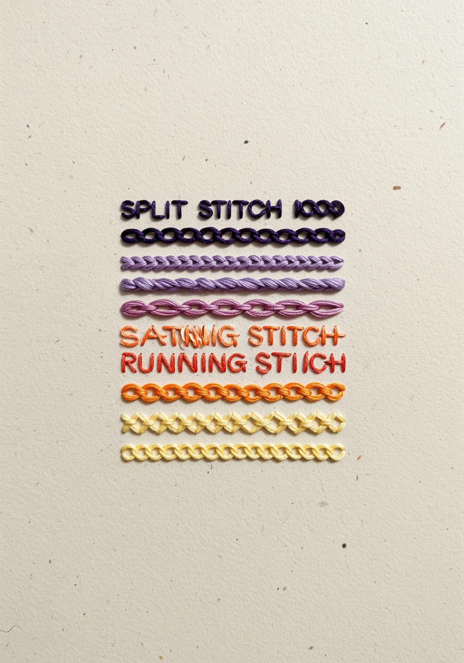 A colorful stitch sampler where each stitch name is embroidered using that stitch.