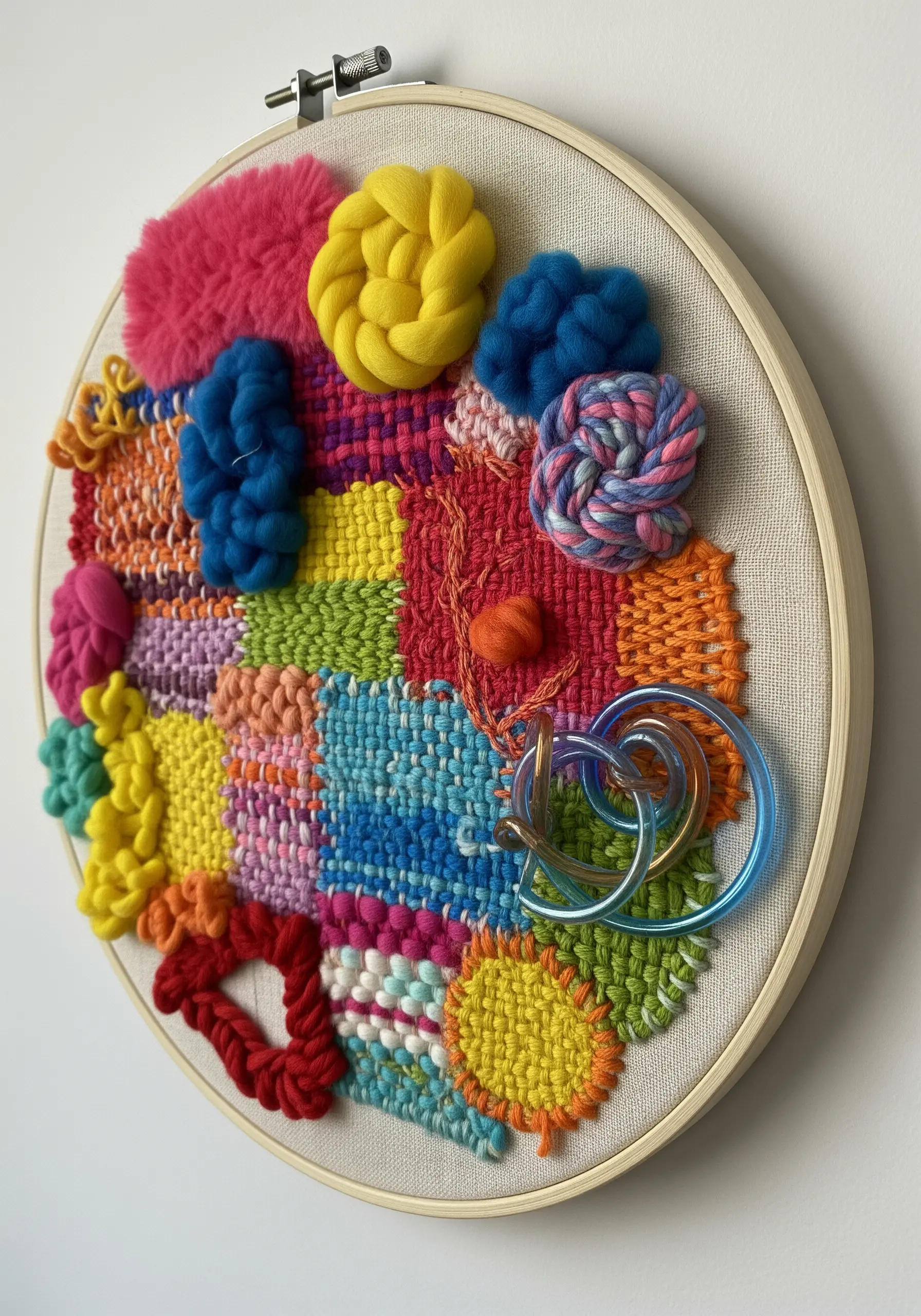 A vibrant embroidery hoop filled with a patchwork of different stitches and materials.