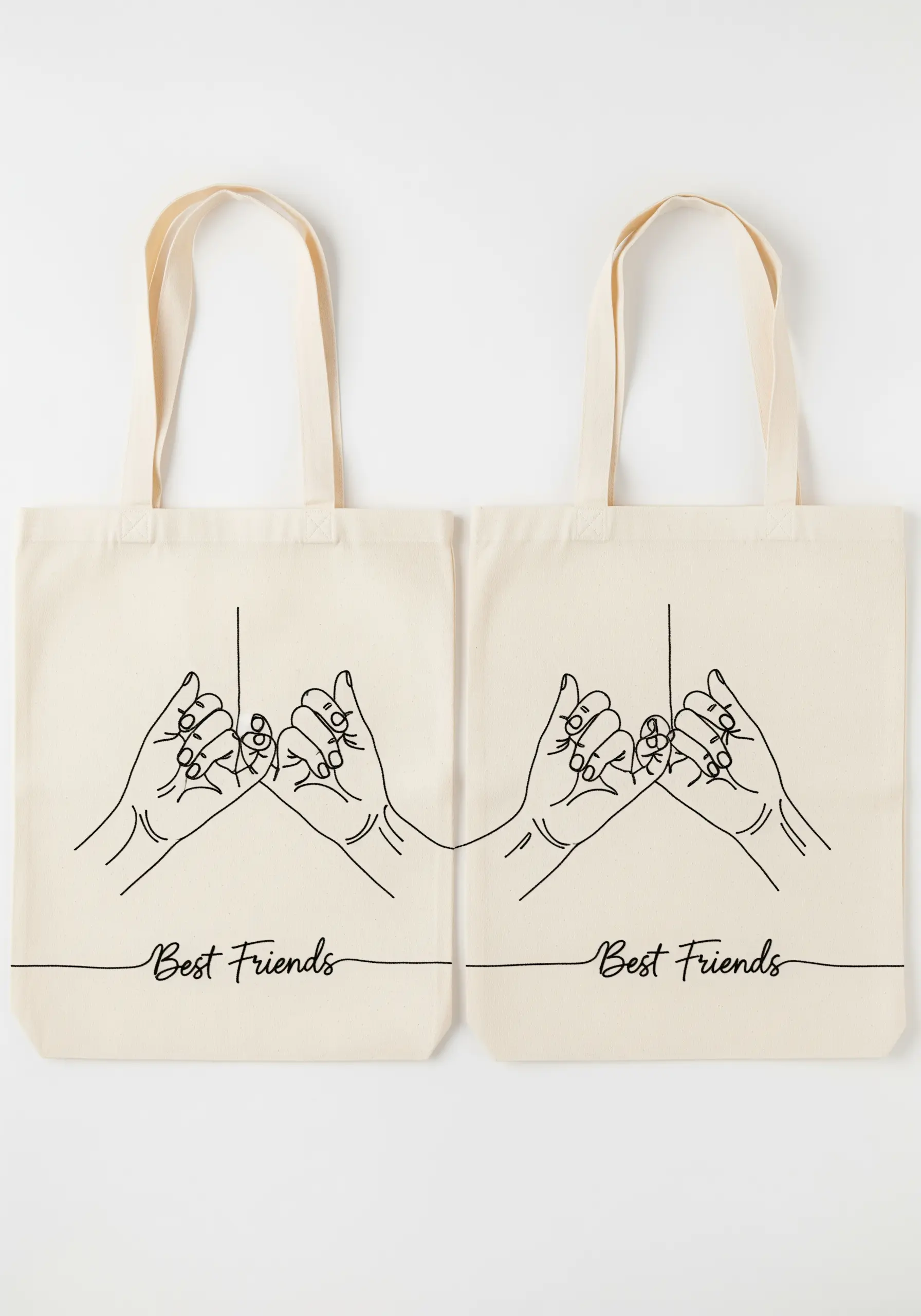 Minimalist pinky promise line art embroidered on two matching tote bags.